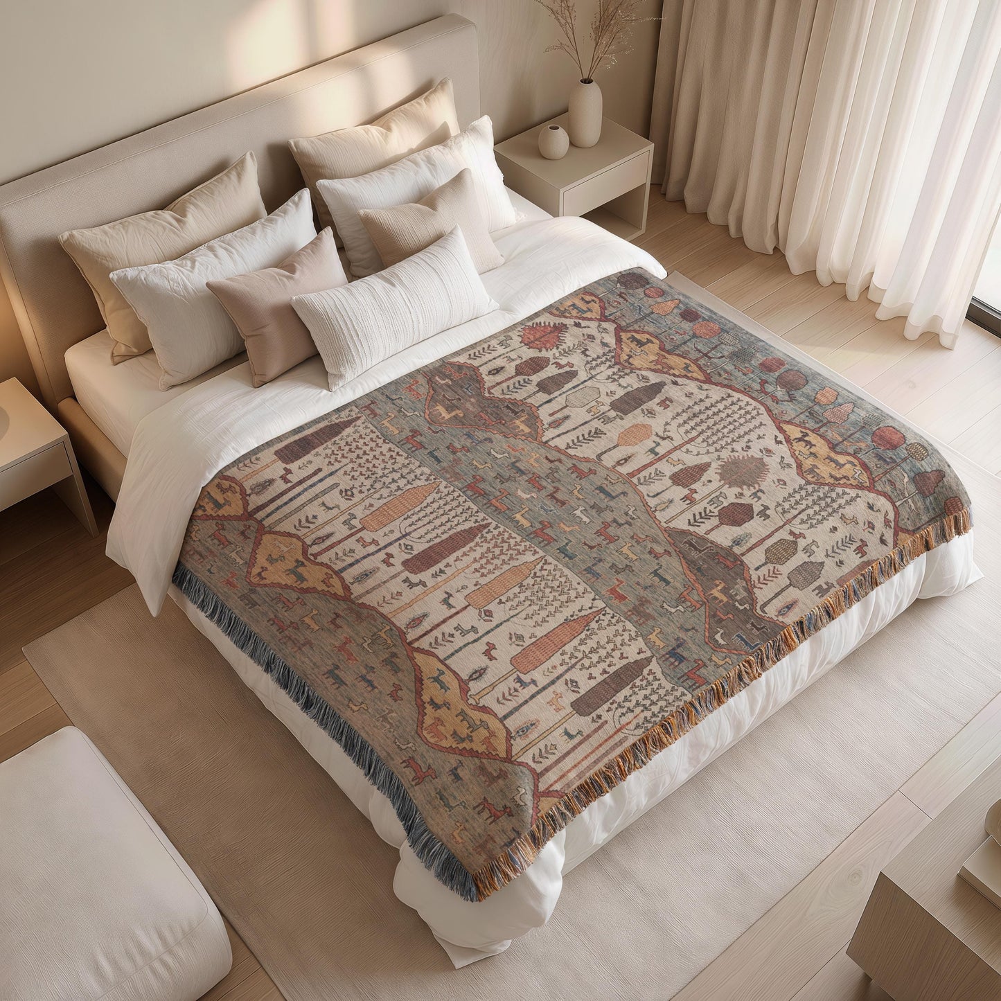 Modern Geometric woven blanket with geometric pattern styled for layered home decor