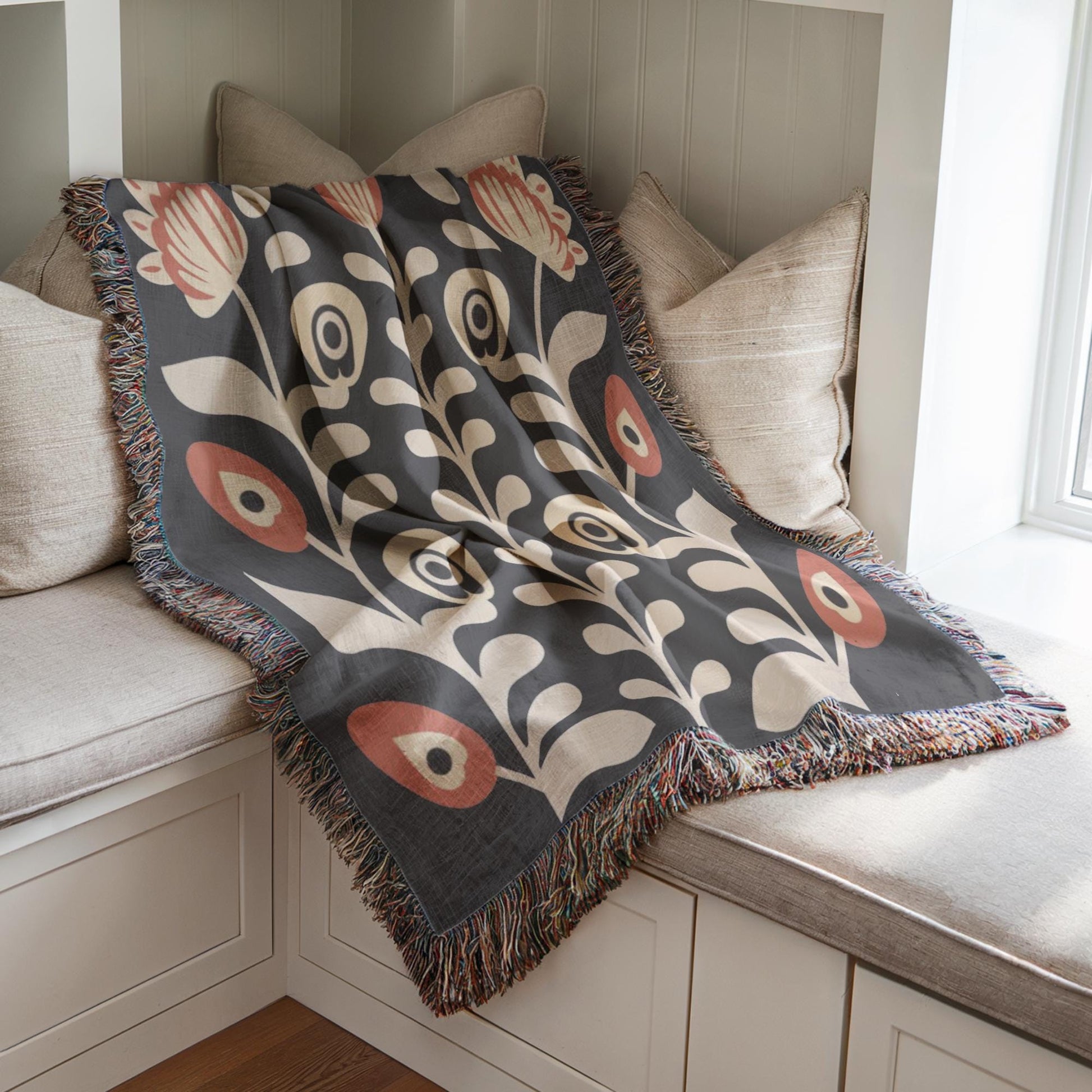 Floral Bouquet Blanket - Matisse Inspired Cotton Woven Throw with Colorful Fringed Edges