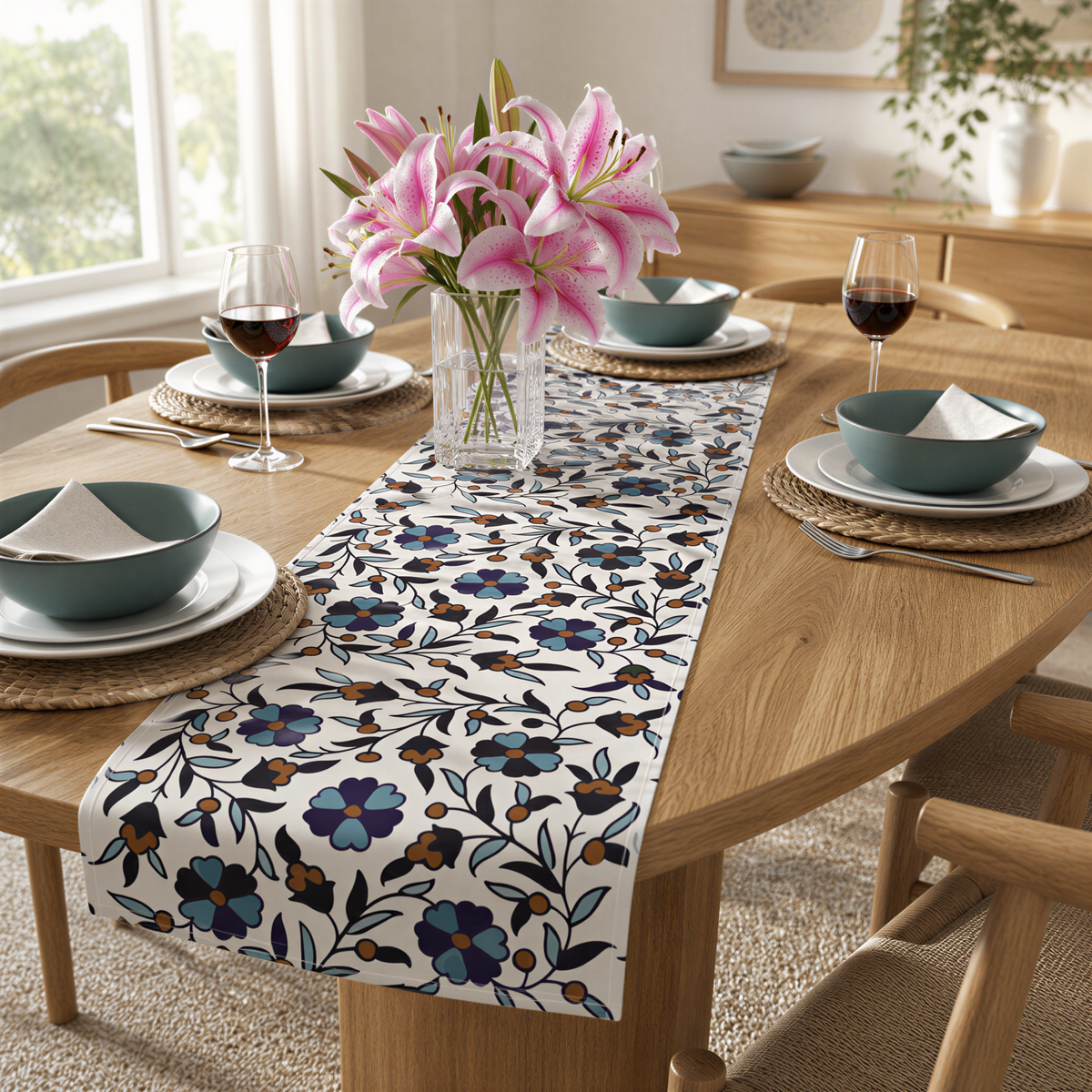 Cream Armenian Iznik poppy table runner on a dining table set with white plates and glasses