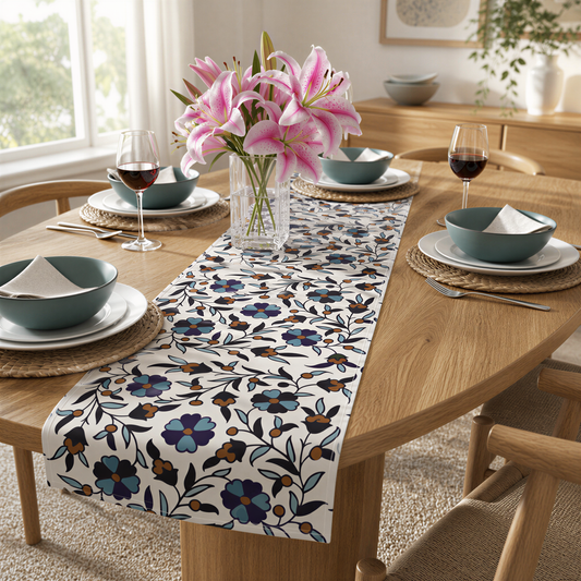 Cream Armenian Iznik poppy table runner on a dining table set with white plates and glasses
