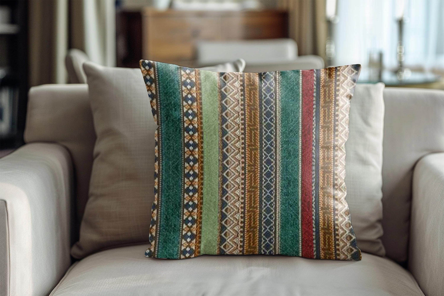 Art Deco Pillow – Woven Cotton Cushion with Insert | Elegant Forestcore Design - timelessbohochic.com