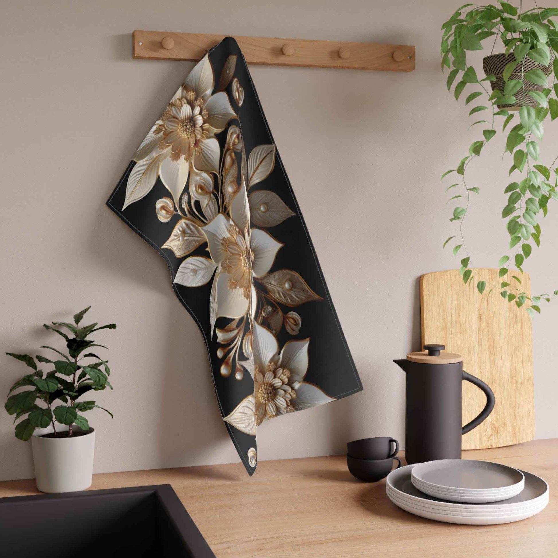 White Gold Poinsettia Tea Towel - Festive Kitchen Linen for the Perfect Holiday Hostess Gift - timelessbohochic.com
