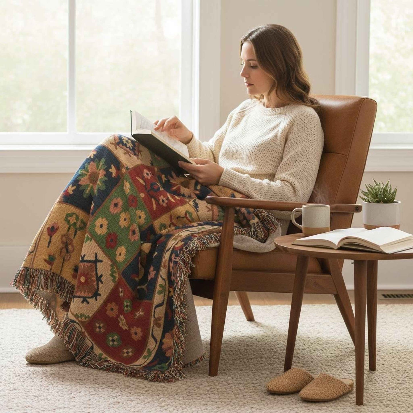 Anatolian Inspired woven blanket with floral pattern styled for layered home decor