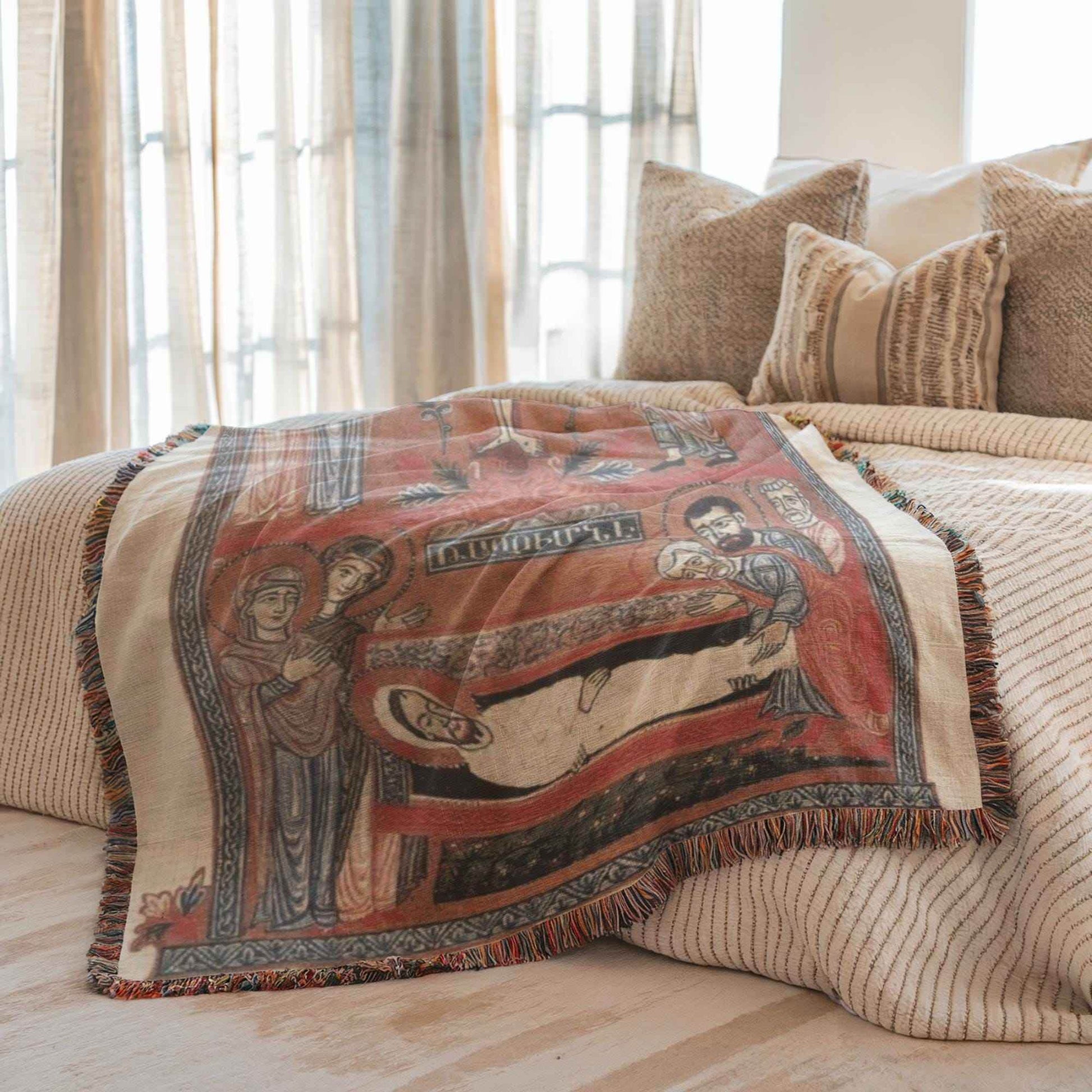Armenian Tapestry Throw – Large Cotton Blanket With Crucifixion Scene Design - timelessbohochic.com