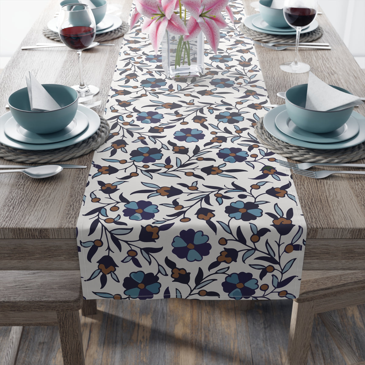 Cream Armenian Iznik poppy table runner shown on a dark wood dining table
