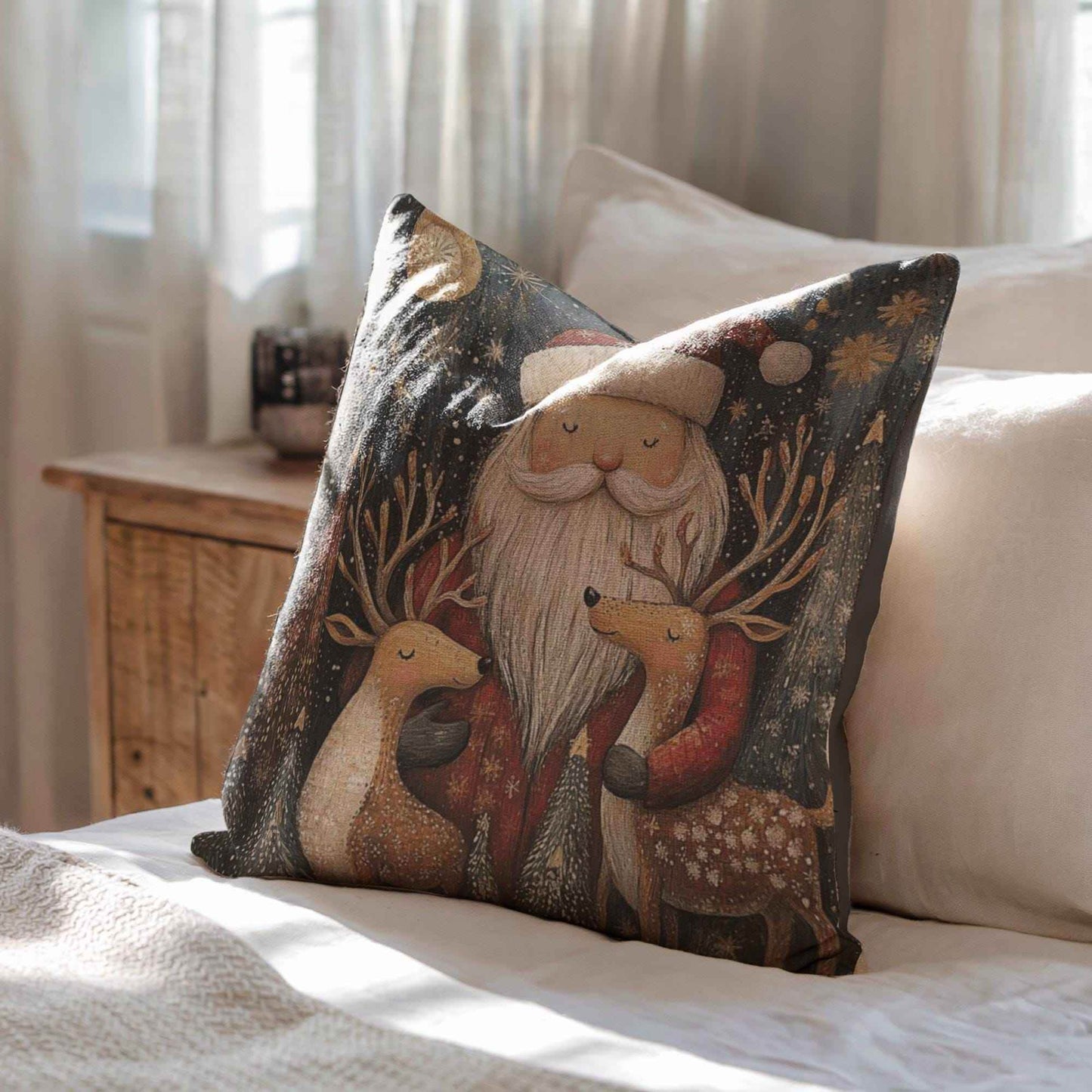 Christmas Santa Pillow - Festive Throw Pillow With Santa And Reindeer Design - timelessbohochic.com