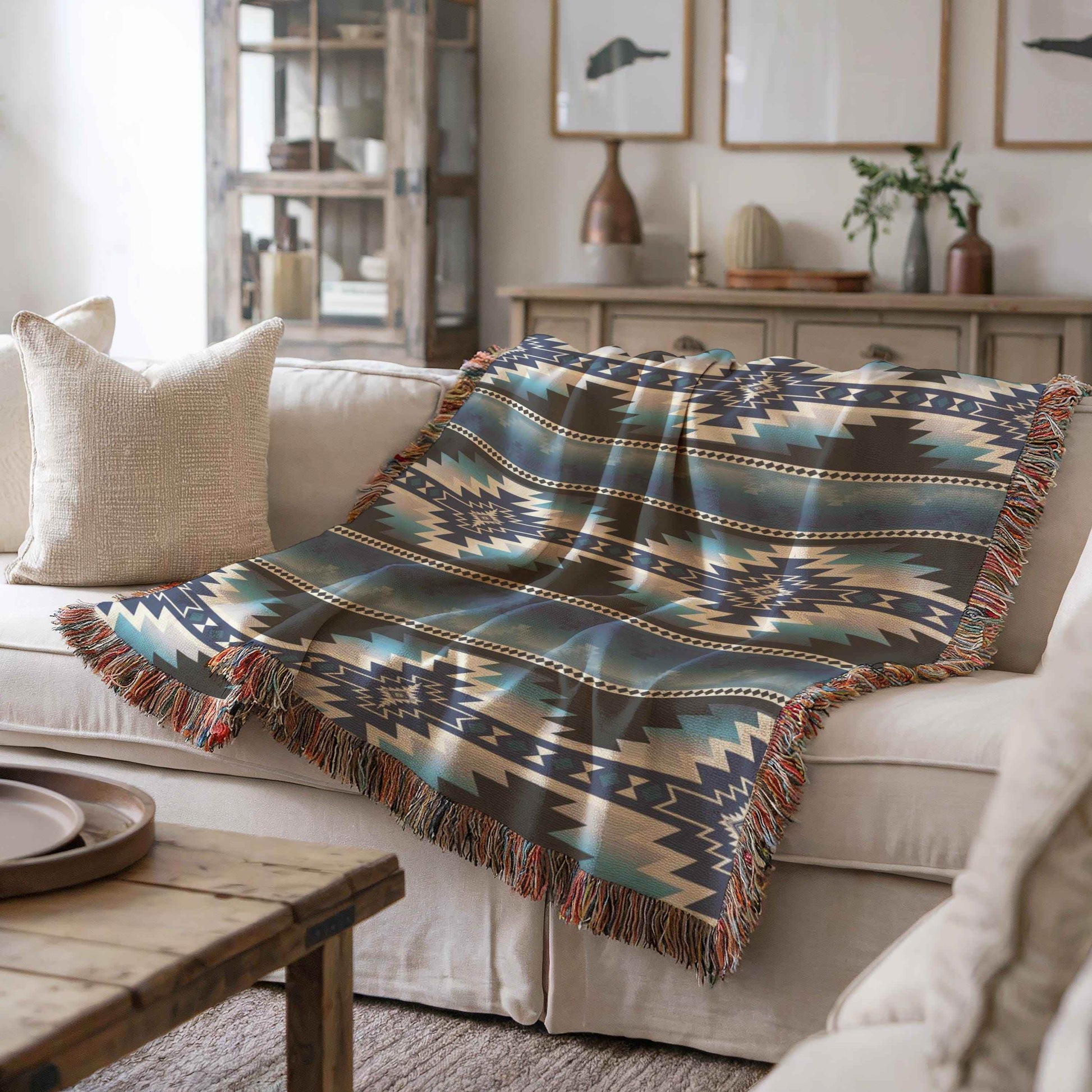 Native American Tribal Blanket - Cozy Cotton Woven Throw with Fringed Edges - timelessbohochic.com