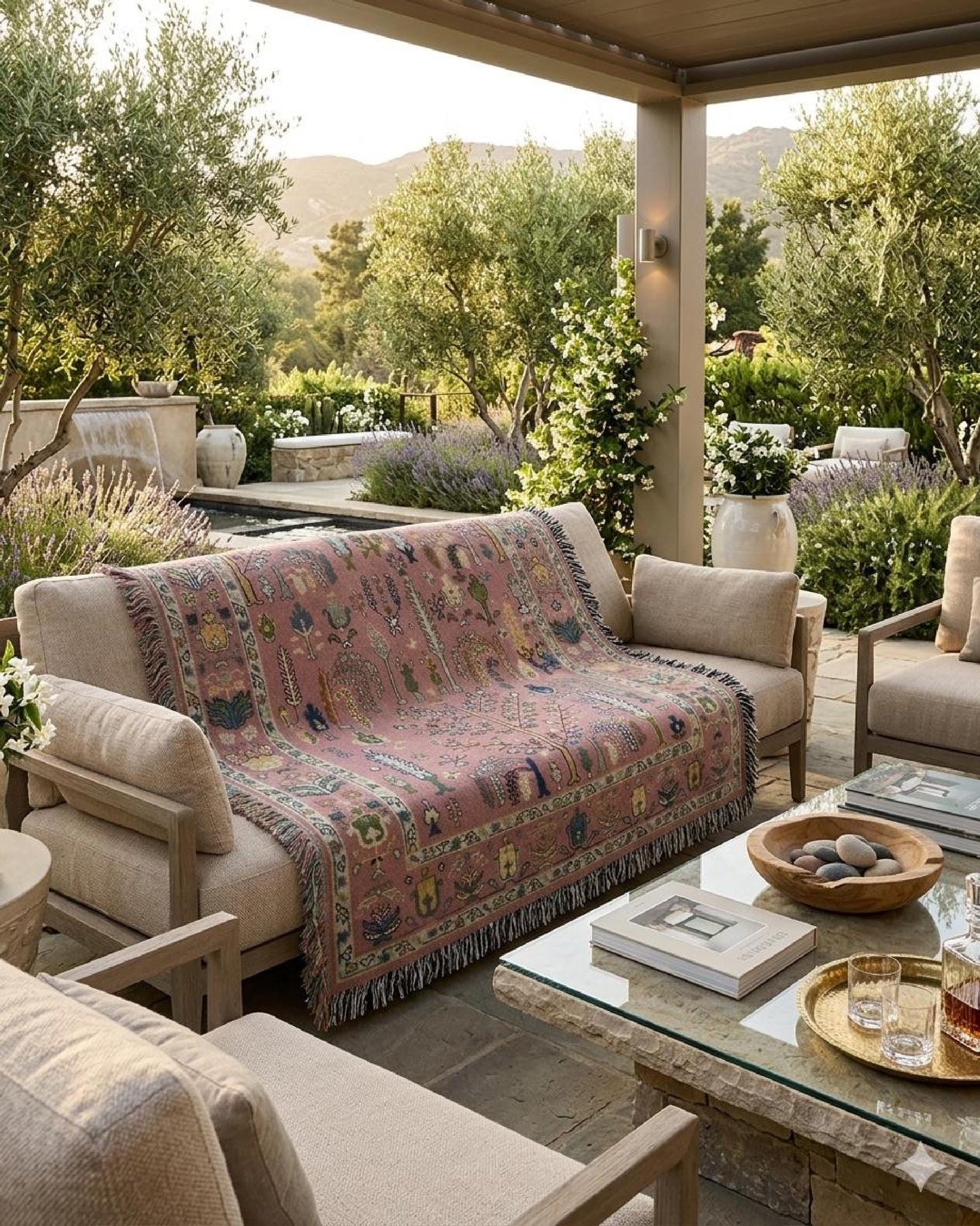 Anatolian Inspired outdoor woven throw blanket with rug-style pattern for patio styling