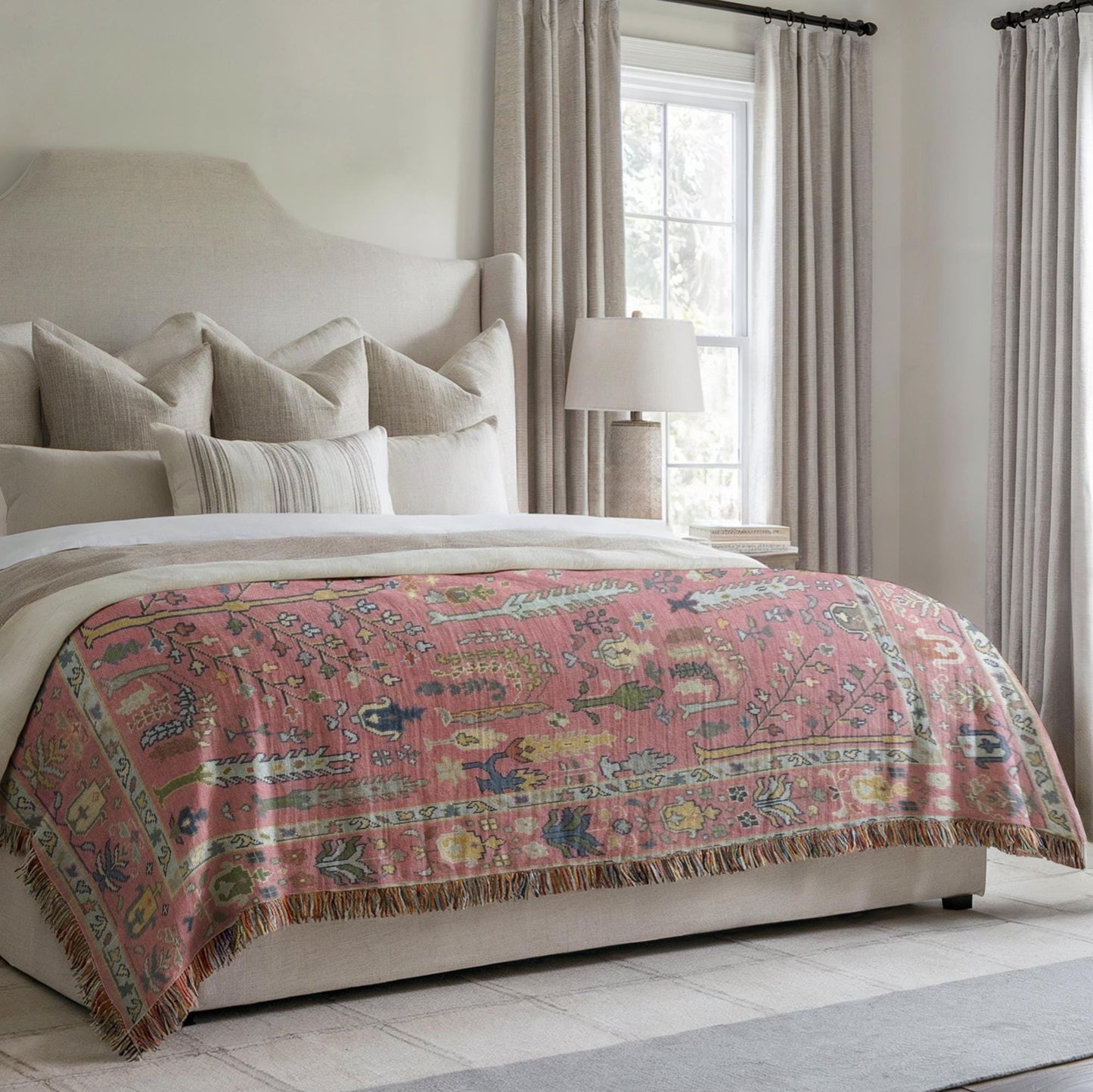 Anatolian Inspired woven blanket with rug-style pattern styled for layered home decor