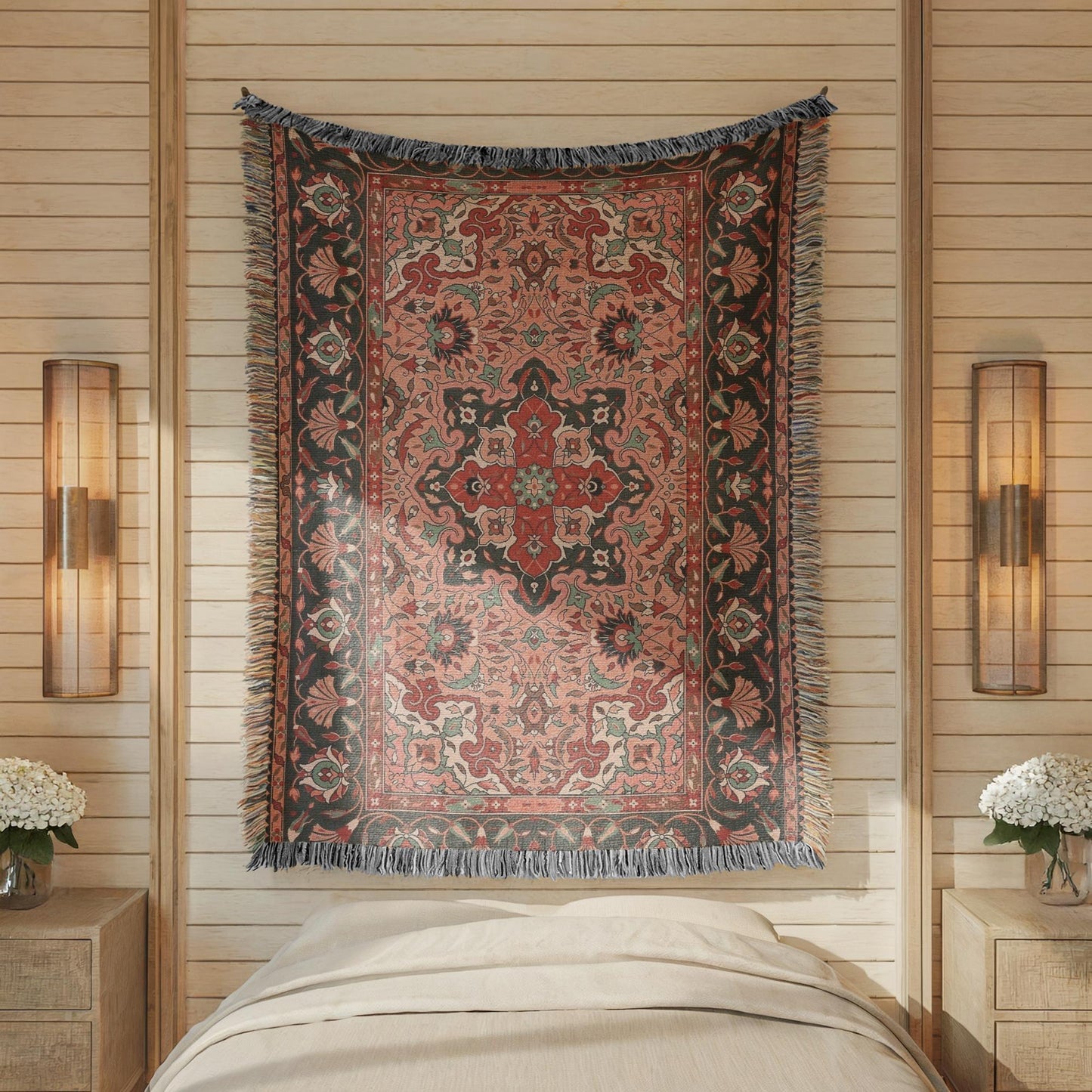 Anatolian Inspired woven wall tapestry with rug-style pattern styled as textile wall decor