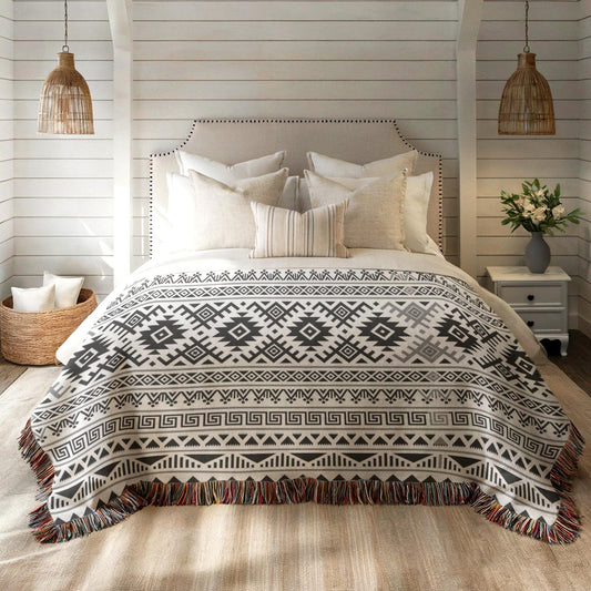 a cozy and inviting bedroom with a large bed adorned with a patterned blanket and pillows. The bed is set against a backdrop of white walls, and the room features a rustic charm with a woven basket and a pendant light hanging above the bed.