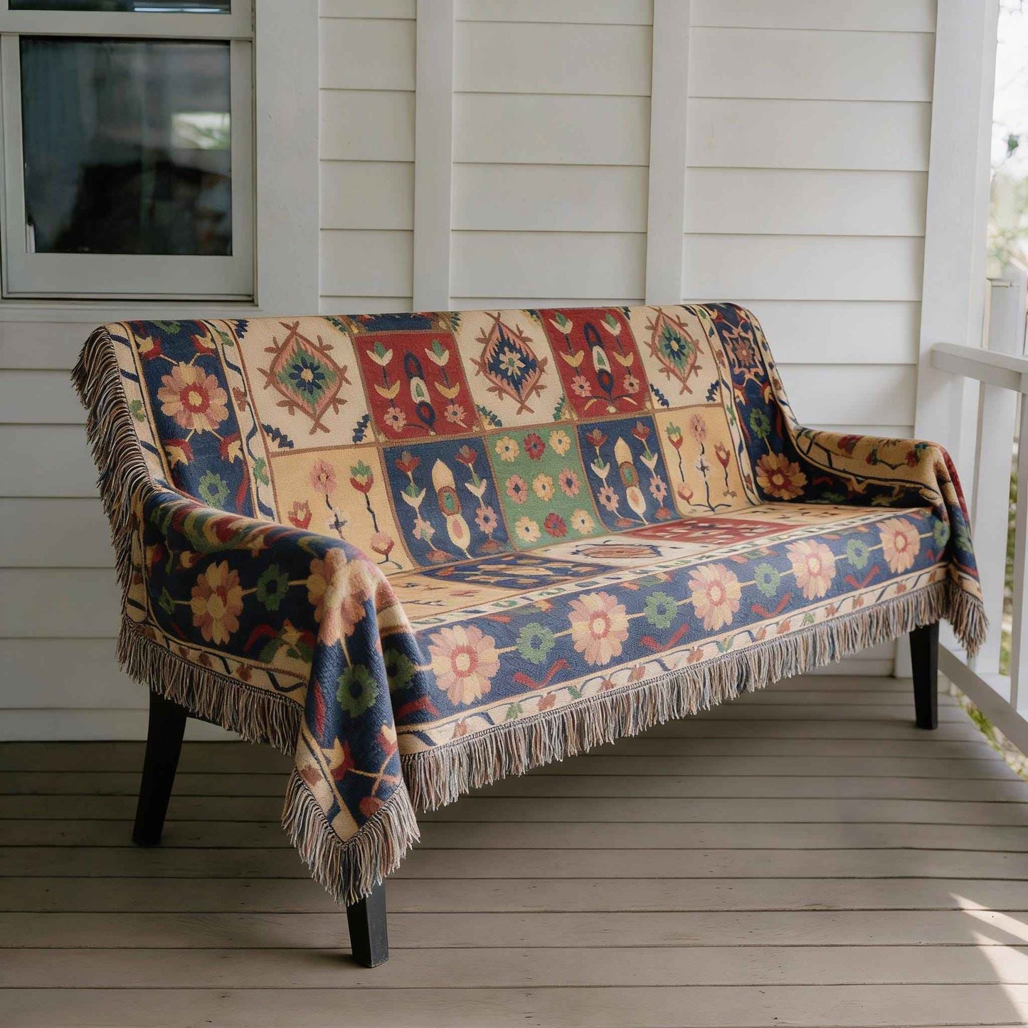 Anatolian Inspired outdoor woven throw blanket with floral pattern for patio styling