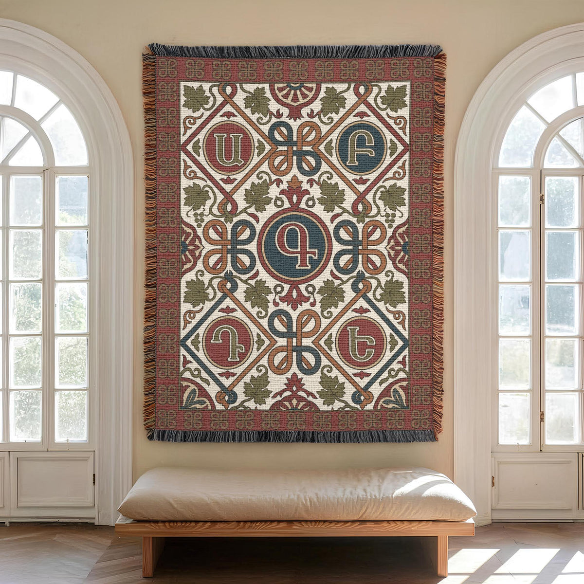 Fringed cotton wall tapestry displayed above a bench between arched windows. Decorative Armenian letters sit within rust, teal and olive medallions on a cream background with geometric and scrolling motifs.