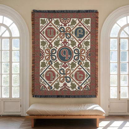 Fringed cotton wall tapestry displayed above a bench between arched windows. Decorative Armenian letters sit within rust, teal and olive medallions on a cream background with geometric and scrolling motifs.