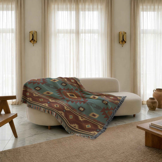 Southwestern woven blanket with geometric pattern styled for layered home decor
