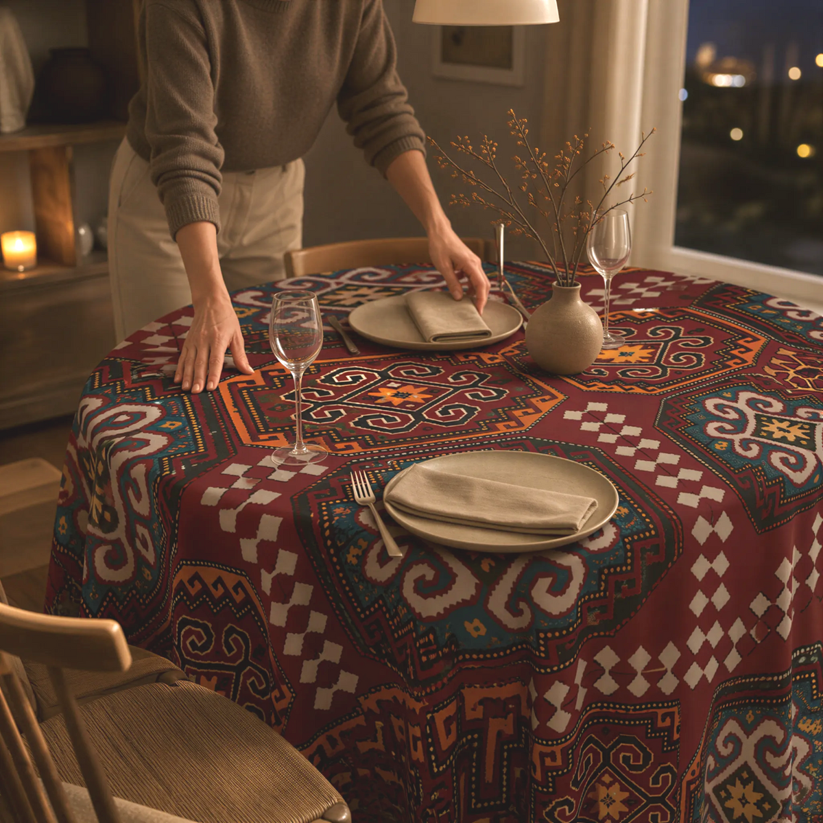 Armenian rug design square tablecloth in burgundy on a round table set with plates and glasses