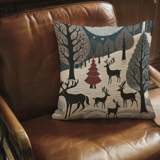 Winter Deer Pillow - Woven Decorative Cushion With Deer Herd Design, Cozy Cabin Accent - timelessbohochic.com