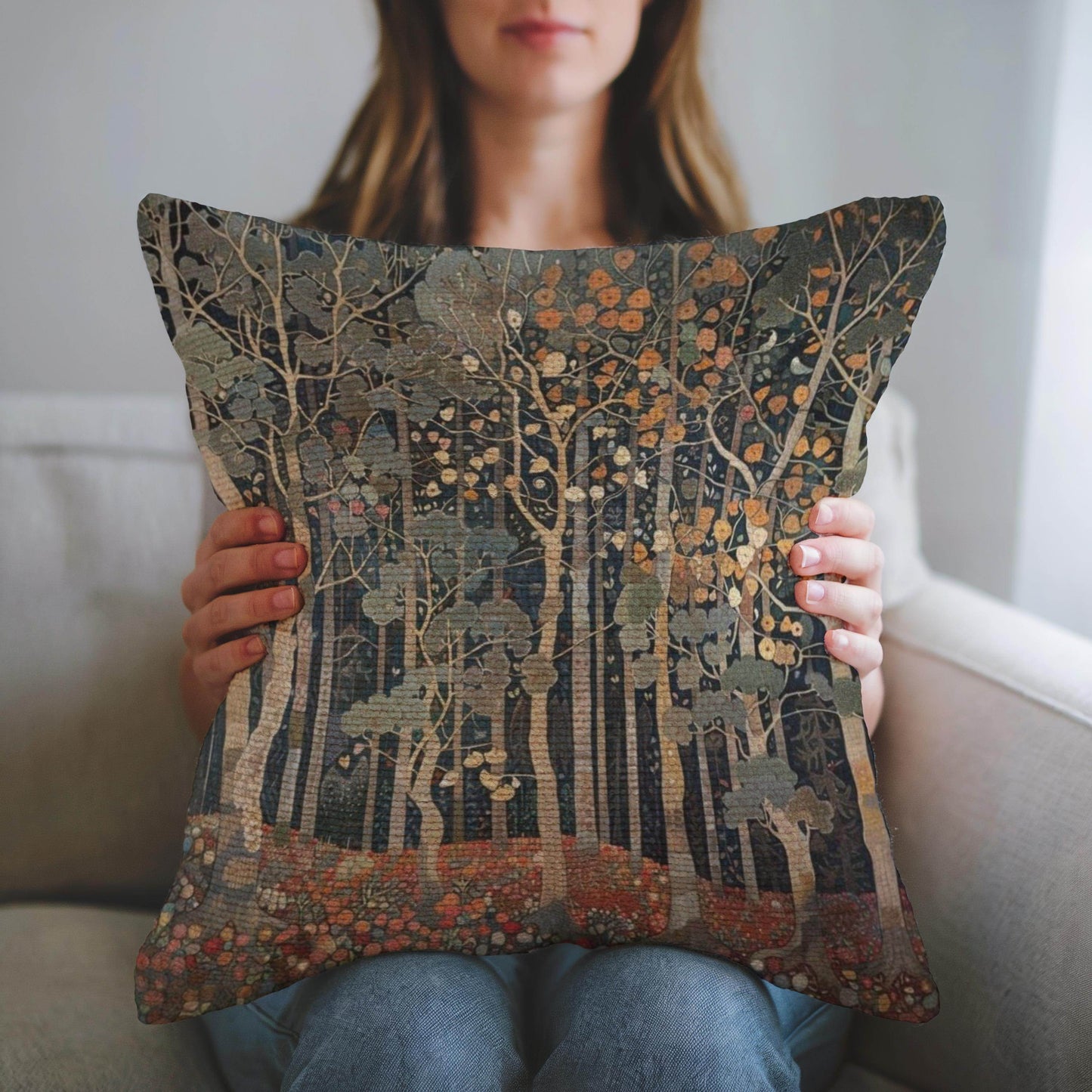 Art Deco Cushion - Retro Style Pillow with Forest Design | Woven Cotton 18x18 - timelessbohochic.com