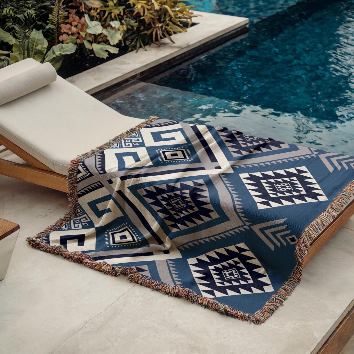 Southwestern outdoor woven throw blanket with geometric pattern for patio styling