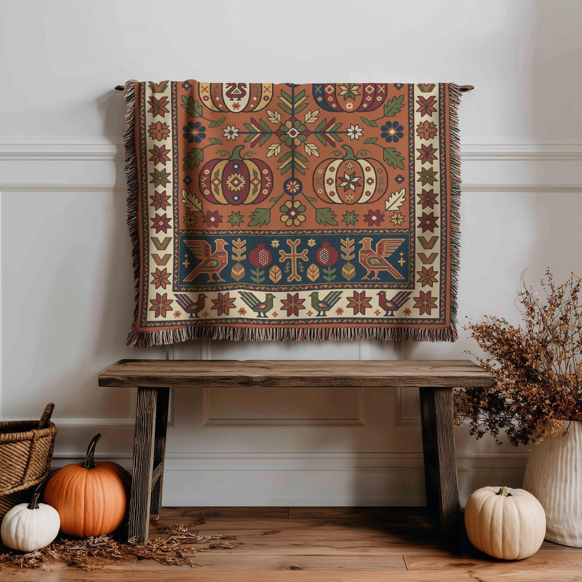 Rust and navy Armenian woven blanket hung above a wooden bench with a basket