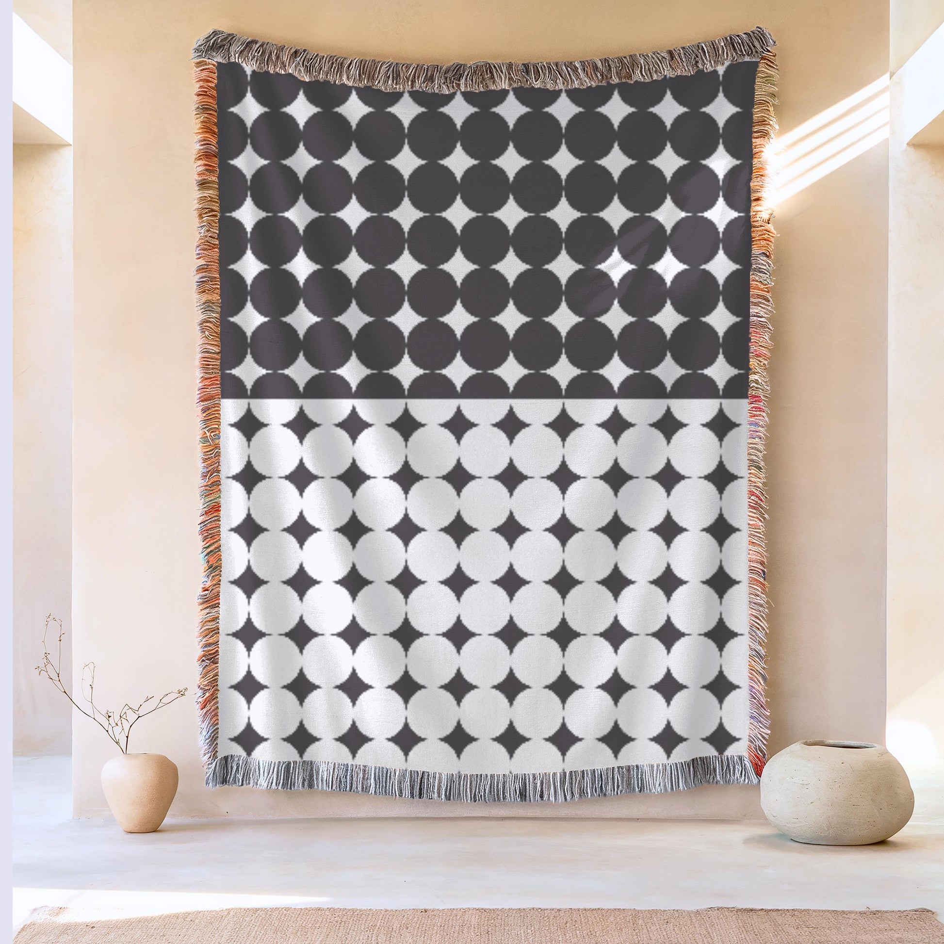 Geometric Cotton Blanket – Modern Black White Circle Throw | Cozy Woven Fabric