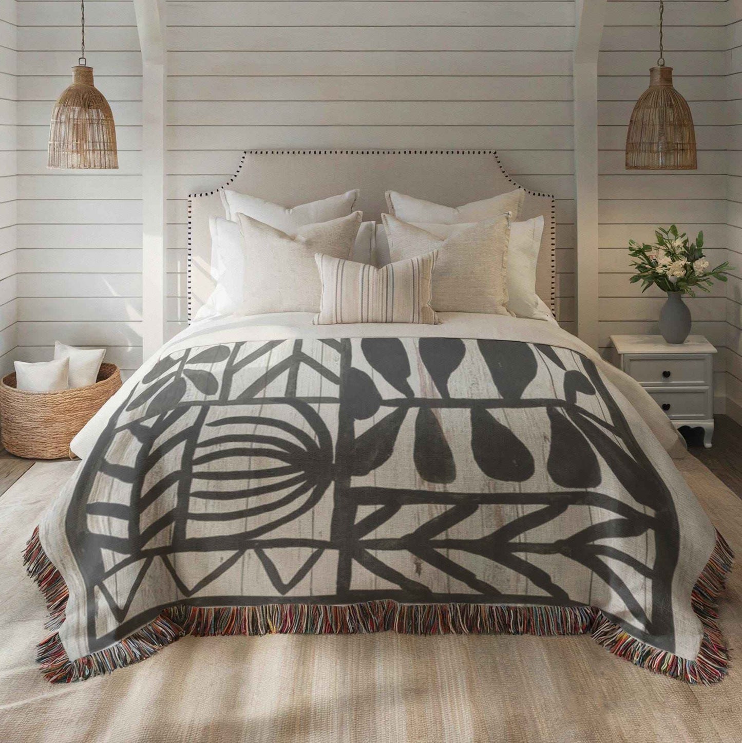 Modern Geometric woven blanket with geometric pattern styled for layered home decor