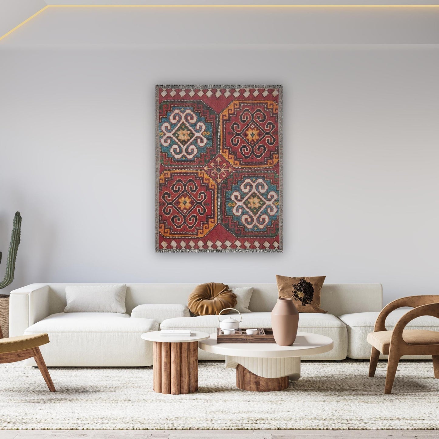 Moroccan Inspired woven blanket with woven pattern styled for layered home decor