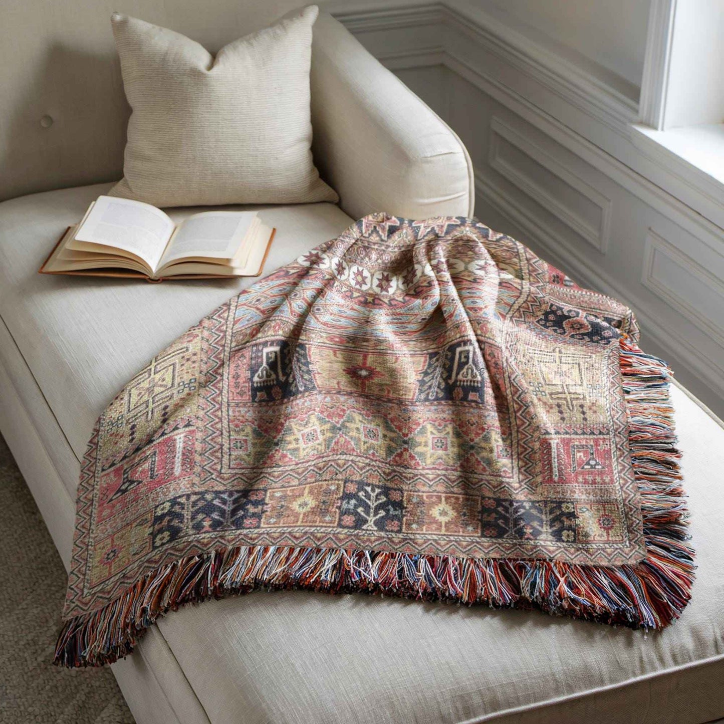 Caucasian Rug Inspired woven blanket with geometric pattern styled for layered home decor