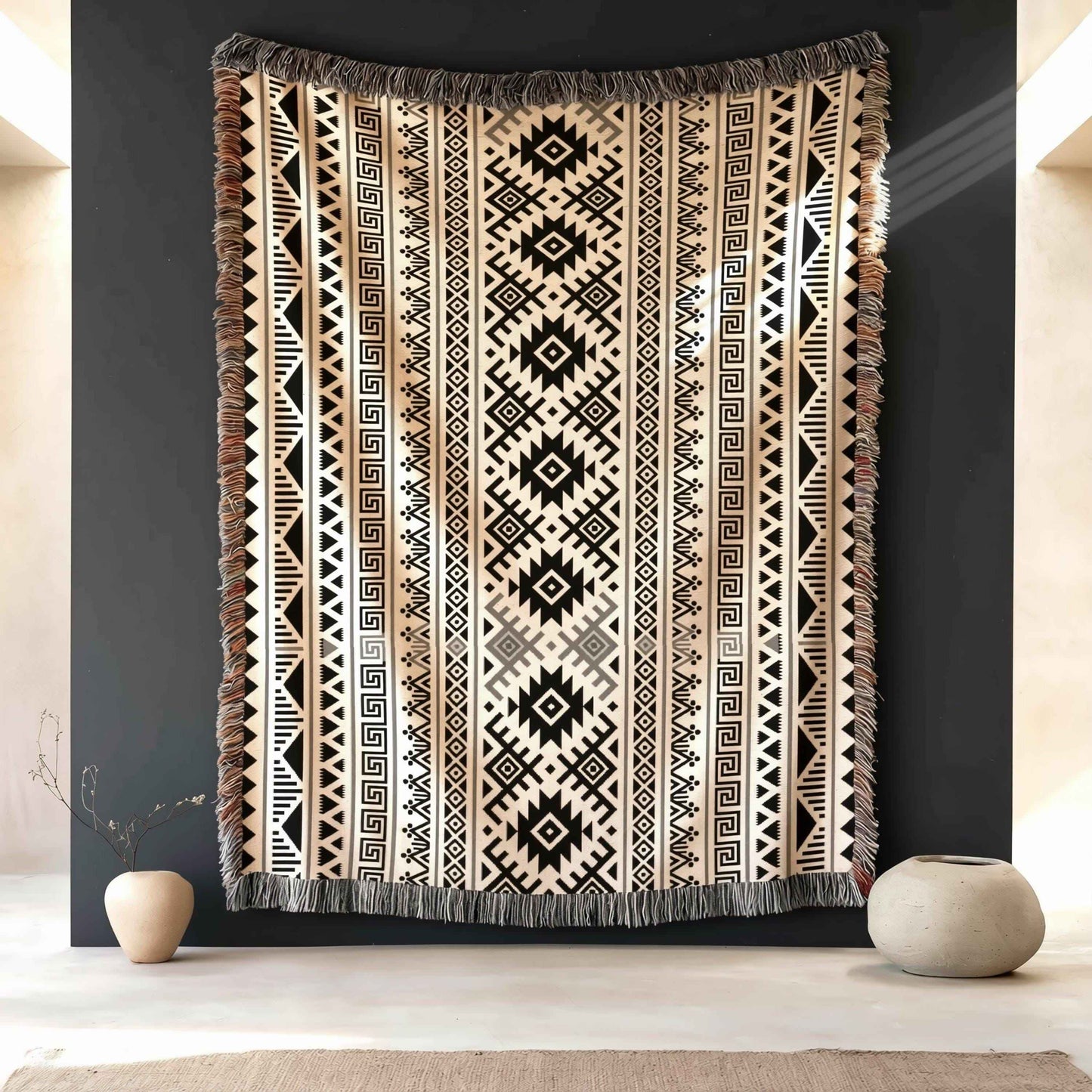 Southwestern woven wall tapestry with geometric pattern styled as textile wall decor