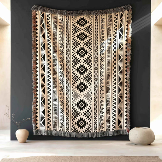 Southwestern woven wall tapestry with geometric pattern styled as textile wall decor