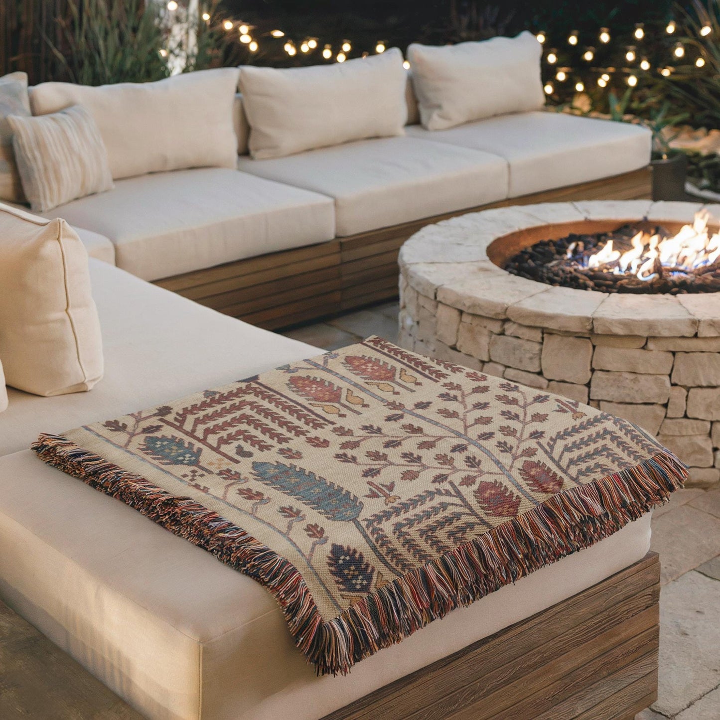 Caucasian Rug Inspired woven wall tapestry with geometric pattern styled as textile wall decor