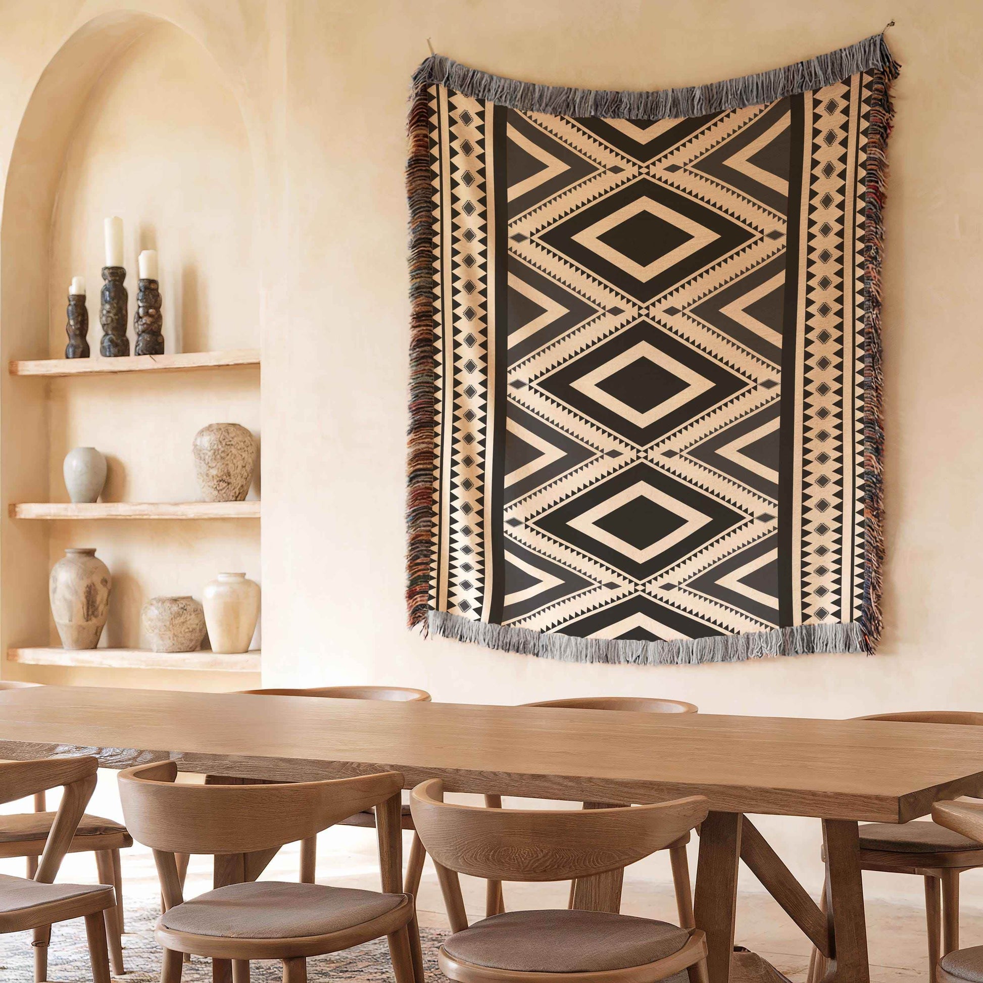 Native American Wall Hanging – Boho Wall Decor With Southwestern Tapestry & Fringed Edge - timelessbohochic.com