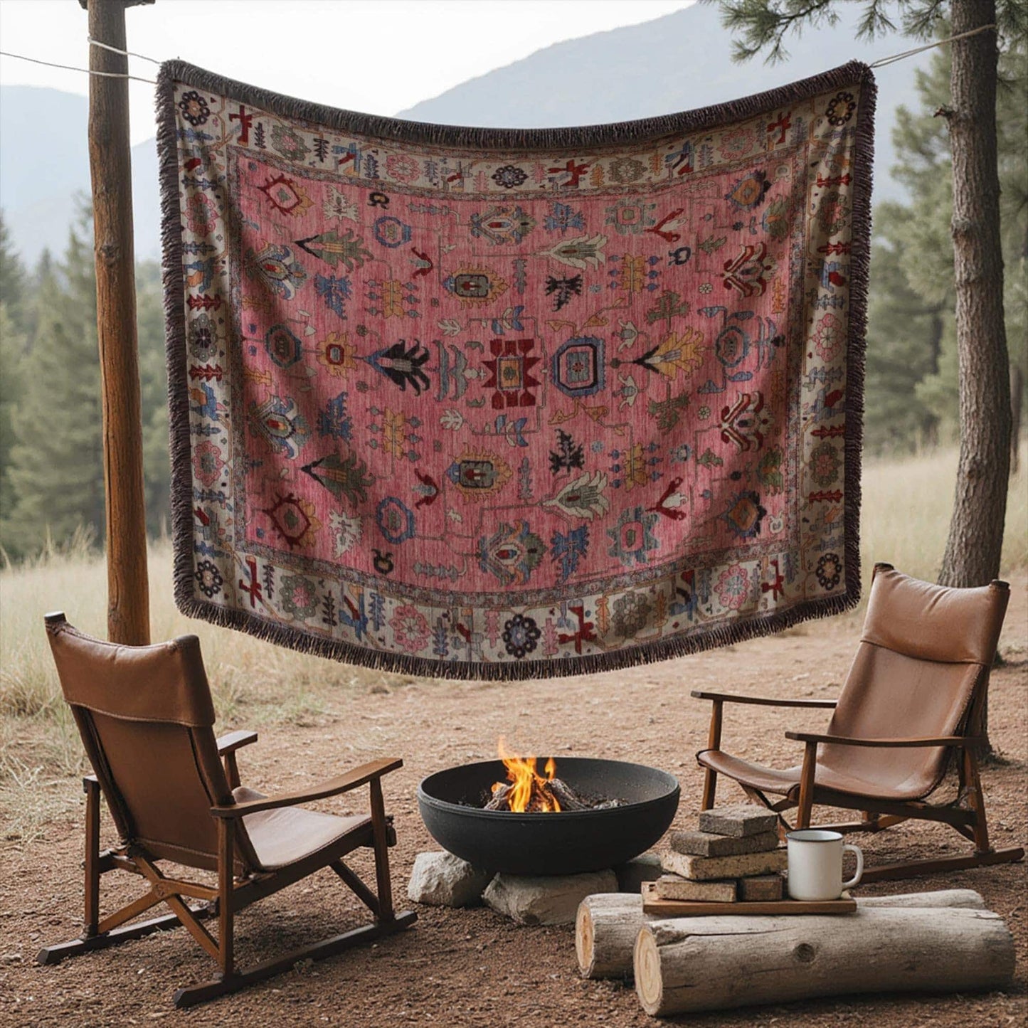 Anatolian Inspired outdoor woven throw blanket with rug-style pattern for patio styling