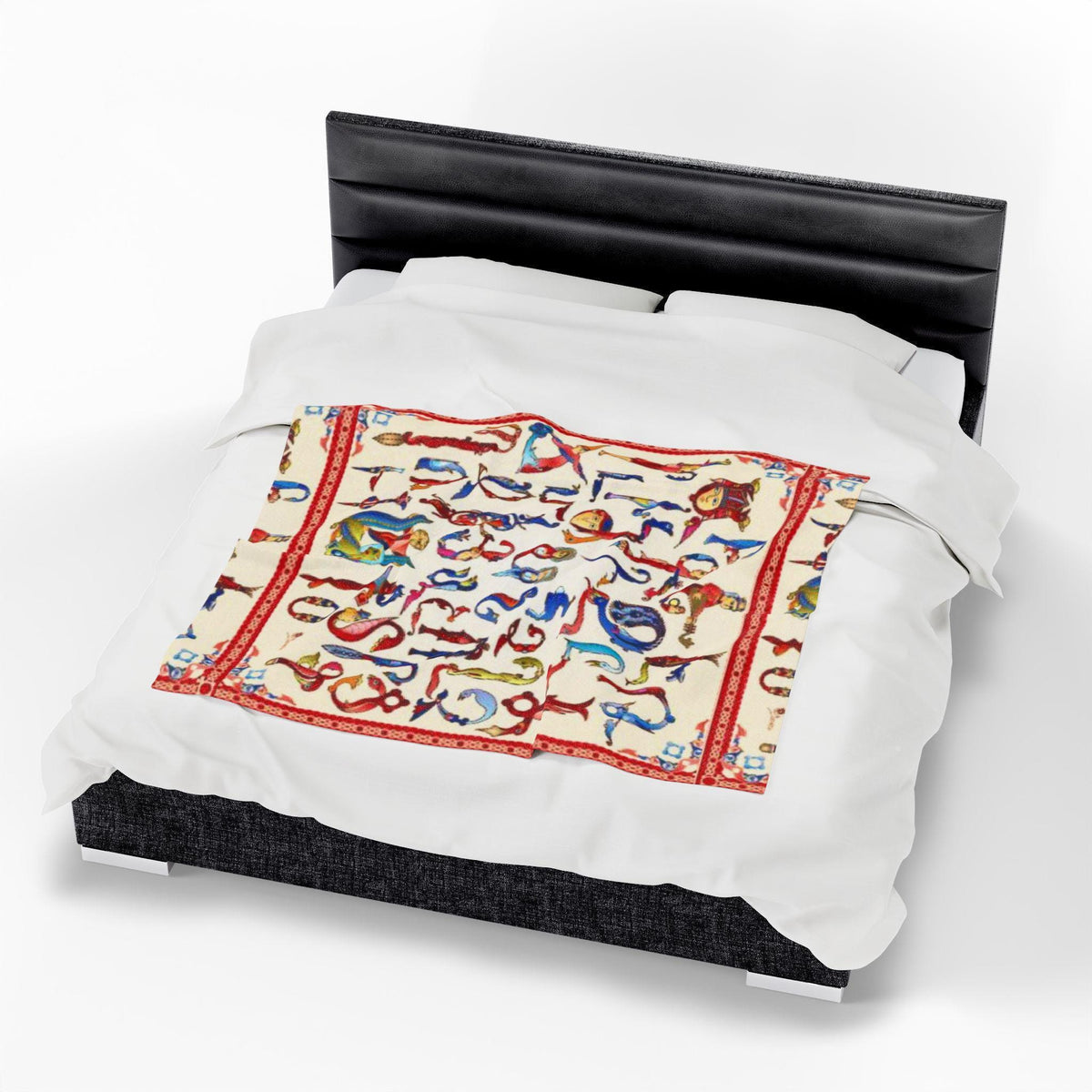 Armenian alphabet plush blanket with bird and animal letters on cream, patterned red border