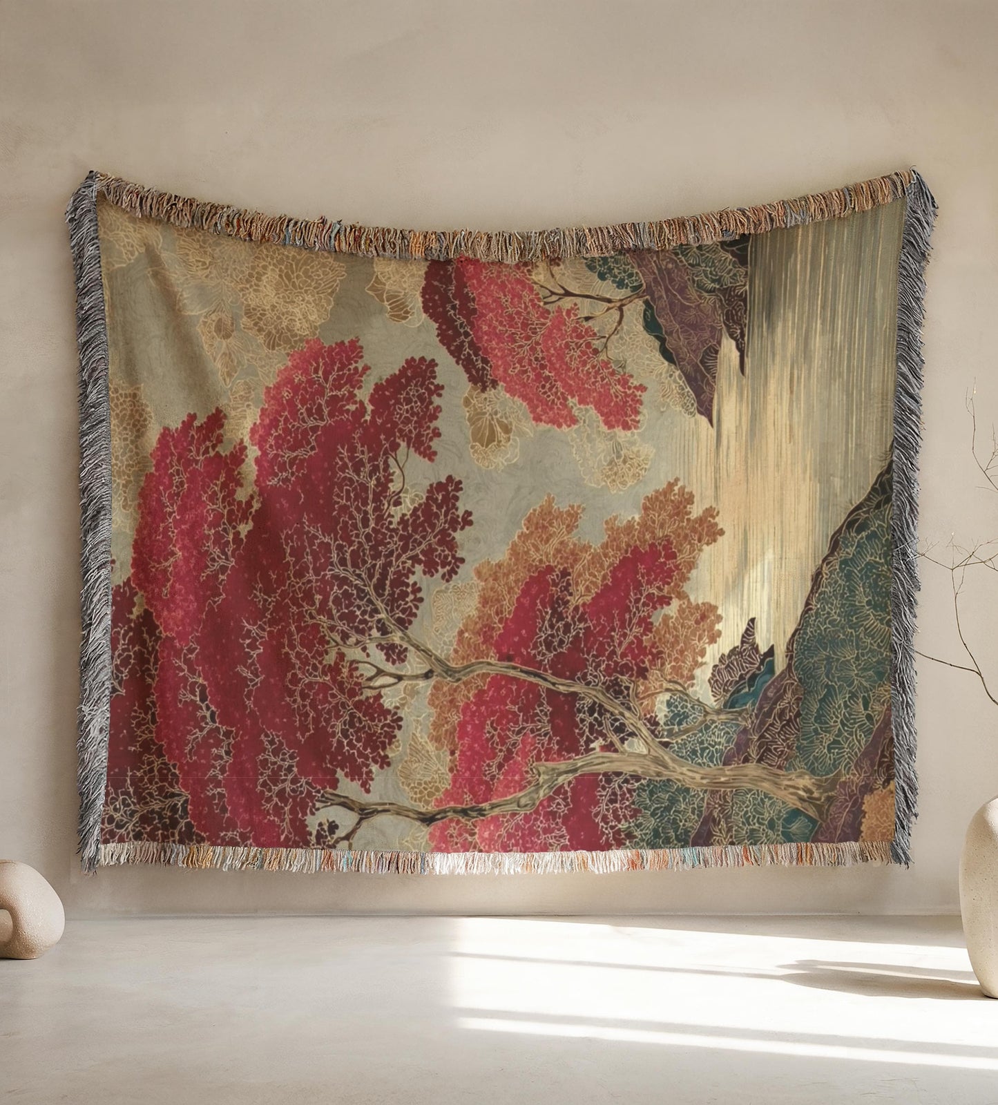 Scandinavian Inspired woven wall tapestry with rug-style pattern styled as textile wall decor
