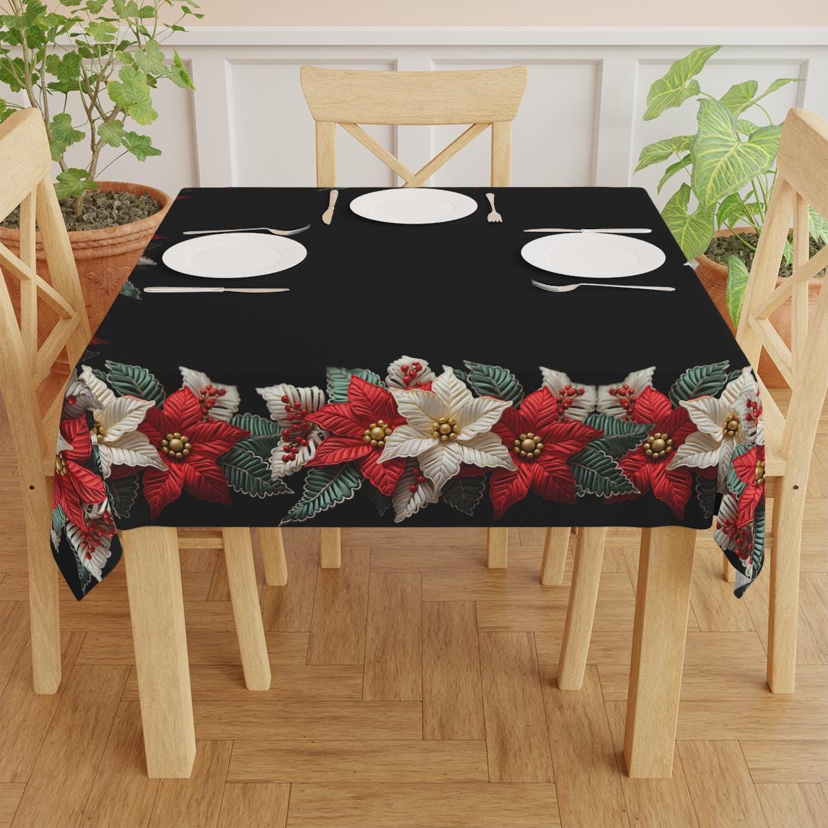 Holiday Tablecloth – Classic Christmas Linen with Poinsettia Pattern, Durable Polyester Fabric
