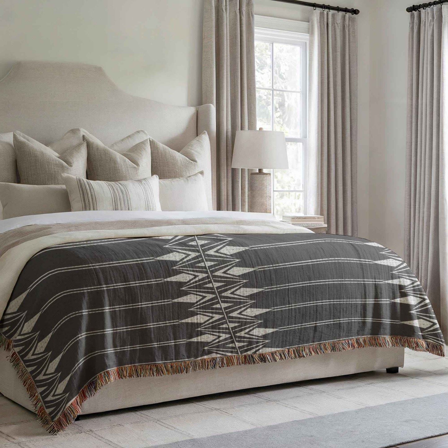 Modern Geometric woven blanket with geometric pattern styled for layered home decor