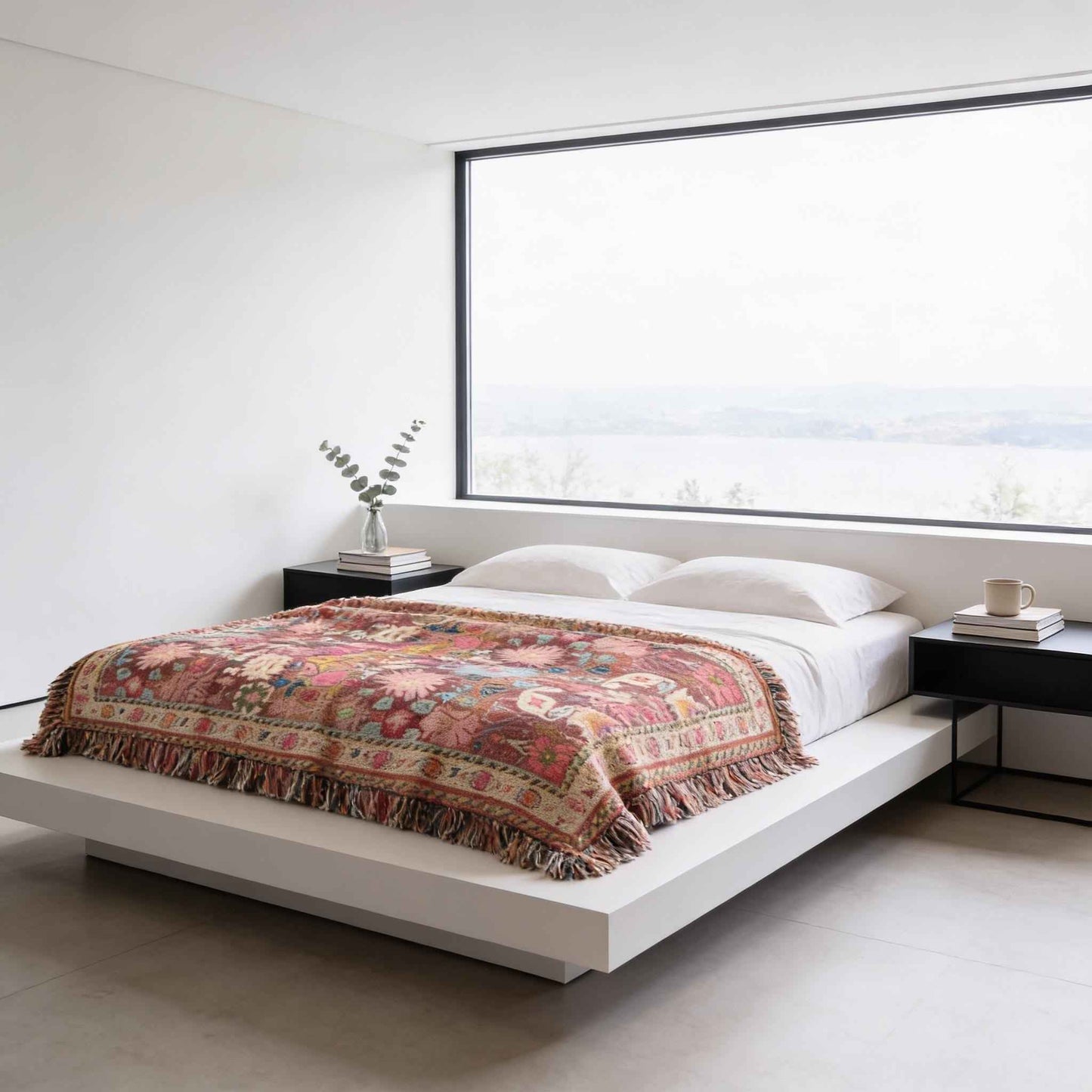 Anatolian Inspired woven blanket with rug-style pattern styled for layered home decor