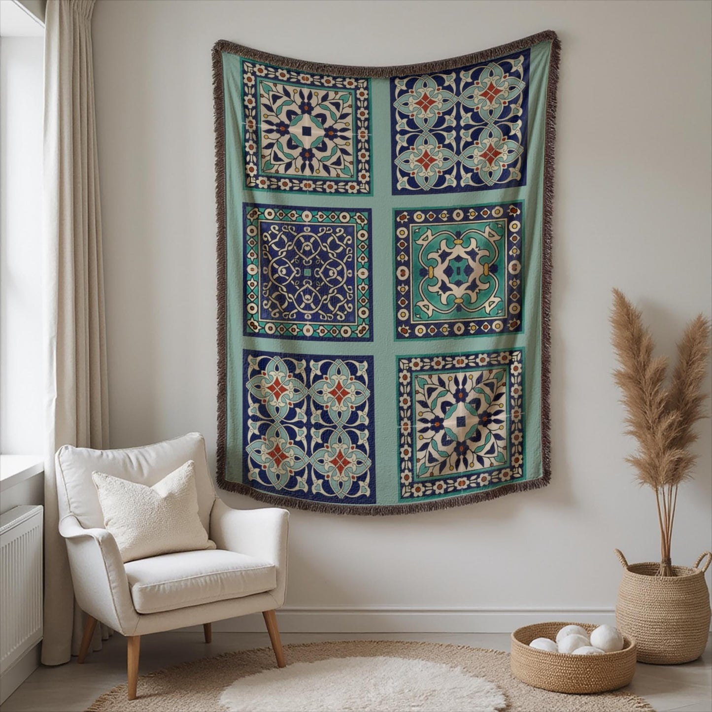Anatolian Inspired woven wall tapestry with geometric pattern styled as textile wall decor