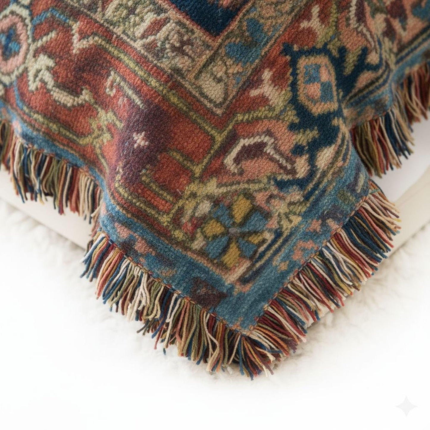 Anatolian Inspired woven blanket with rug-style pattern styled for layered home decor
