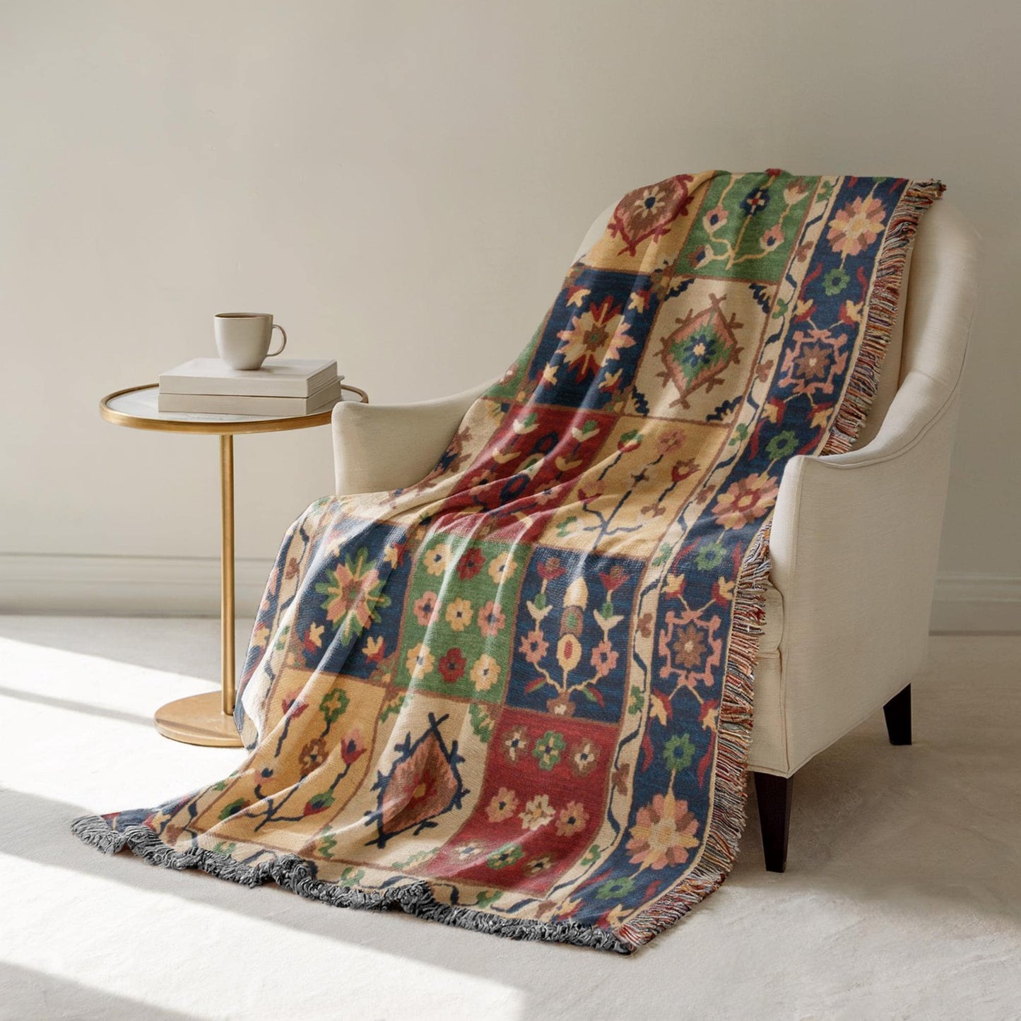 Anatolian Inspired woven blanket with floral pattern styled for layered home decor