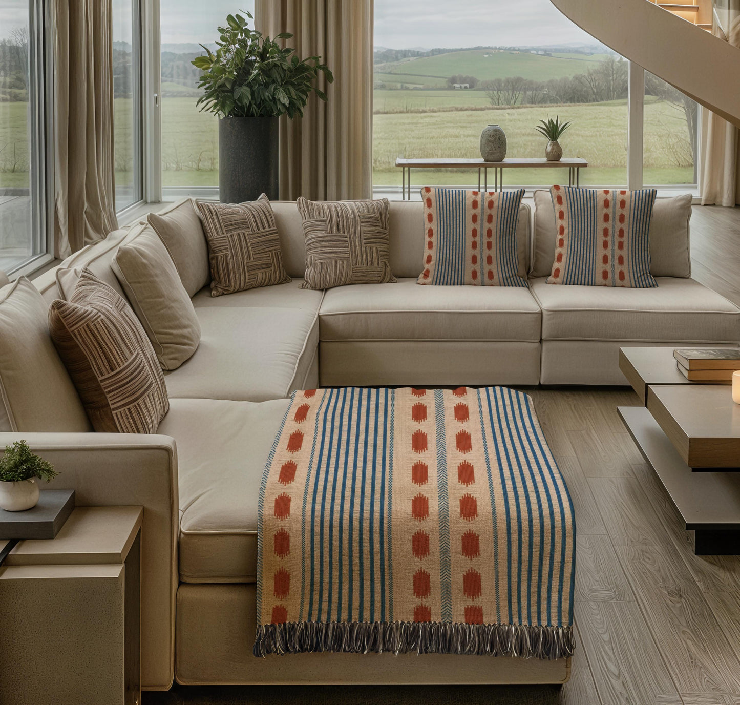 Modern Geometric outdoor woven throw blanket with geometric pattern for patio styling