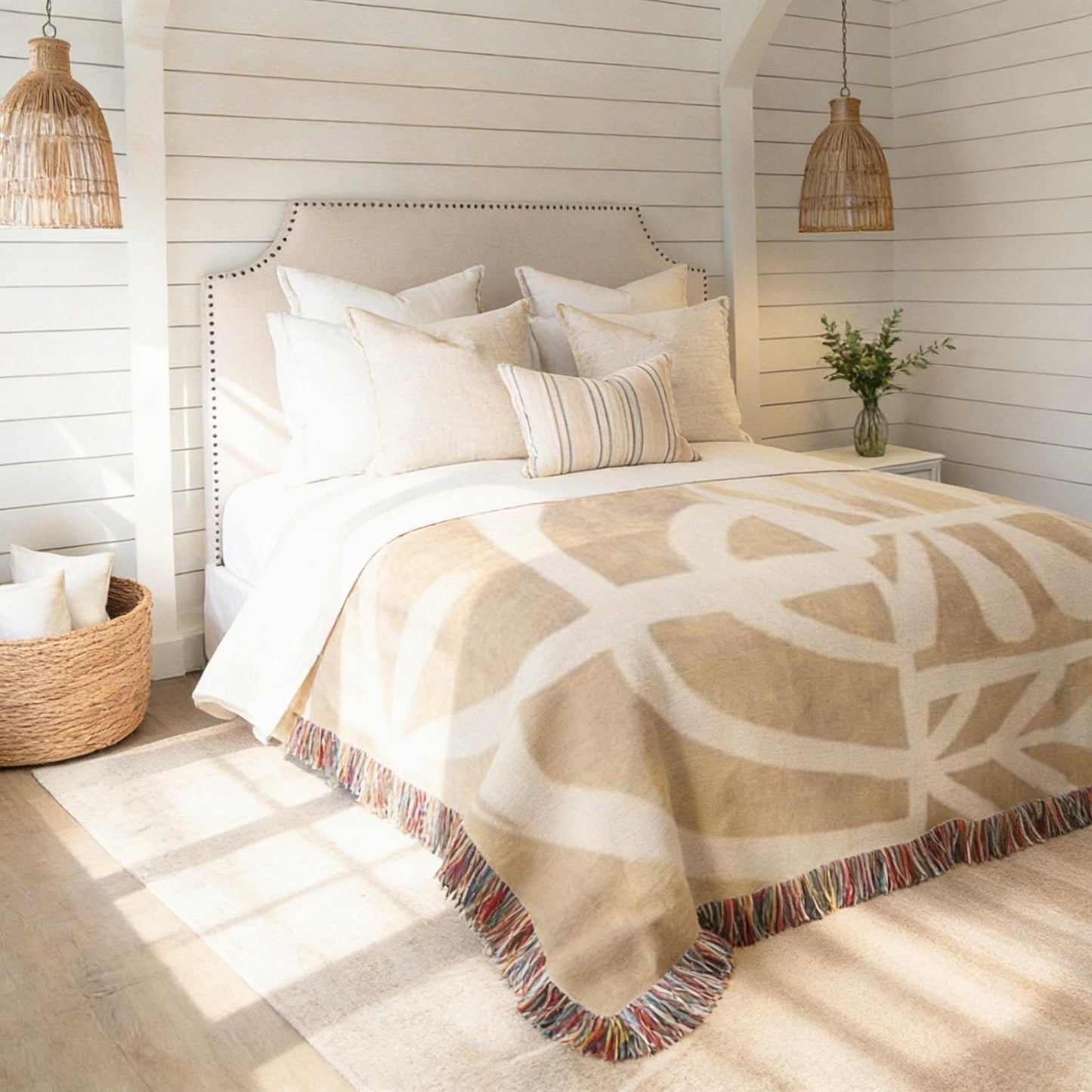 Modern Geometric woven blanket with geometric pattern styled for layered home decor