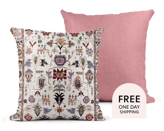 Turkish Rug Pillow - Boho Chic Cushion Cover With Anatolian Design, Soft Durable Fabric