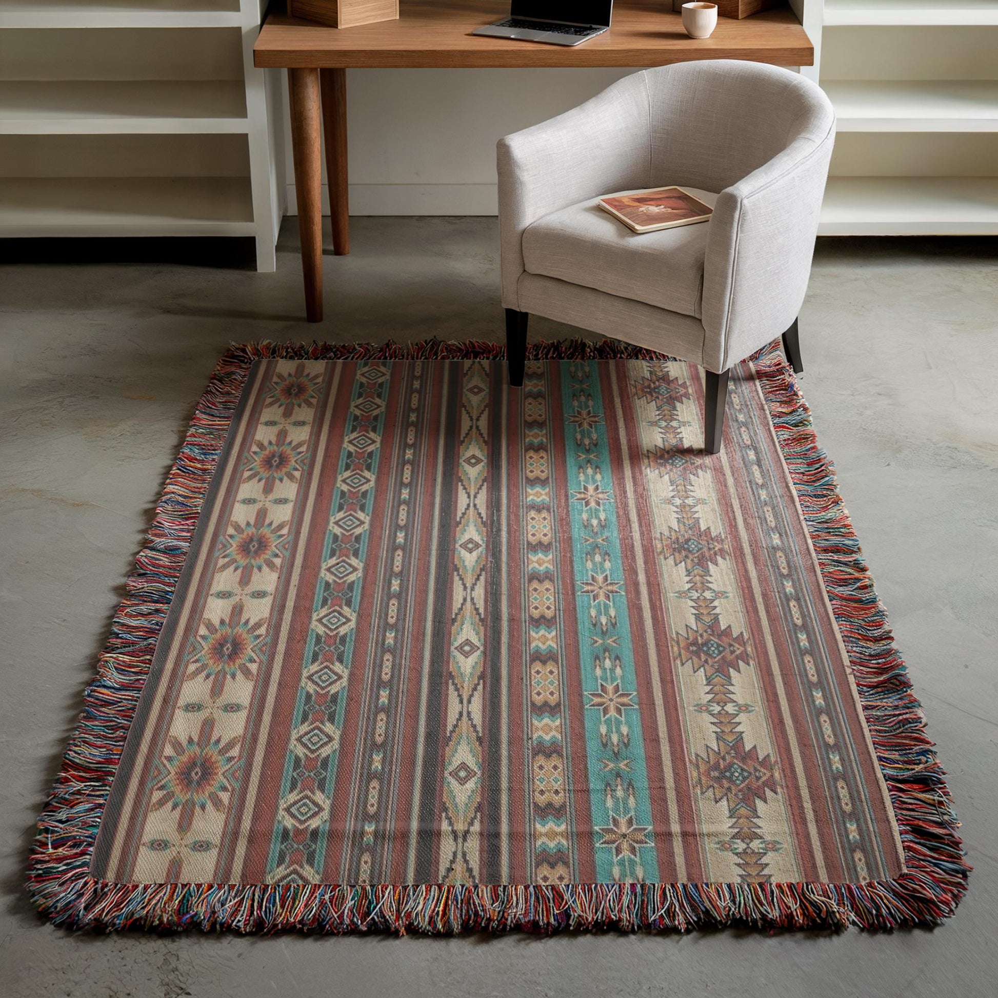 Native American Blanket – Navajo Pattern Throw With Colorful Fringed Edges