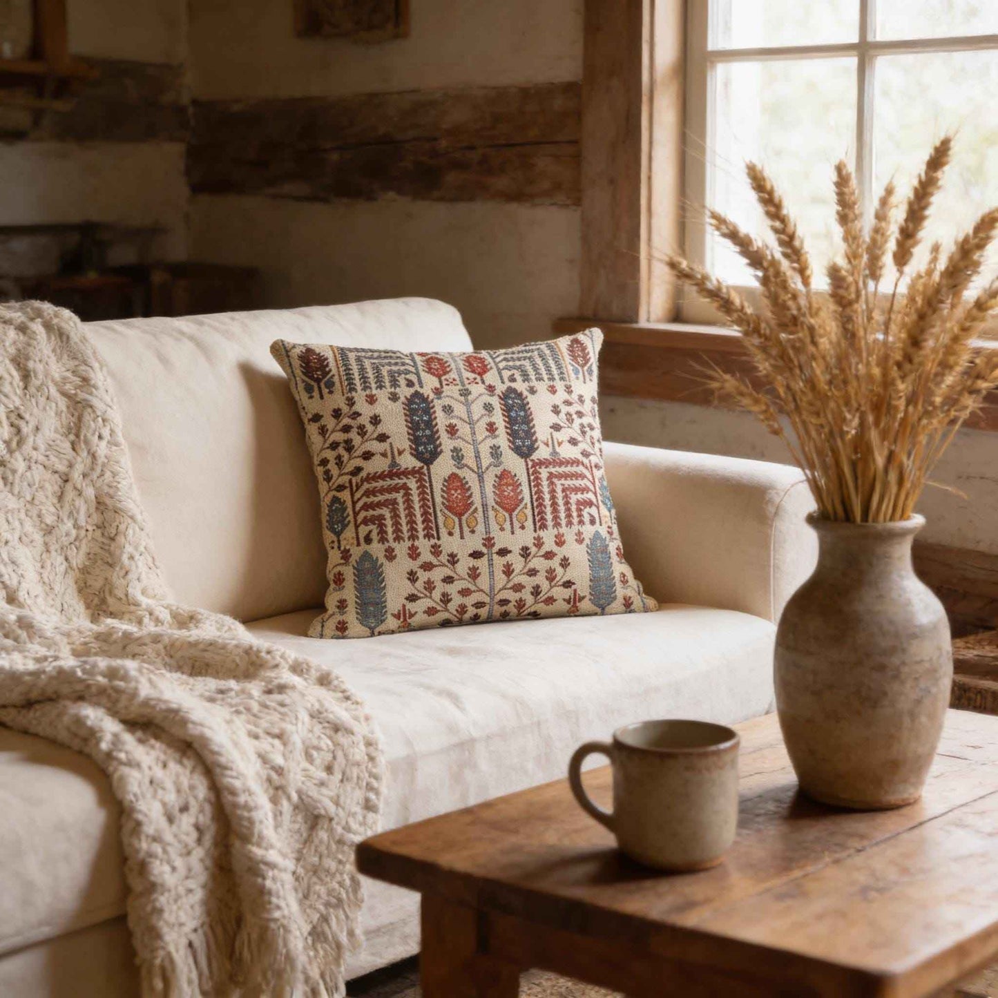 Rustic Cabin throw pillow with woven pattern styled on a sofa or bed