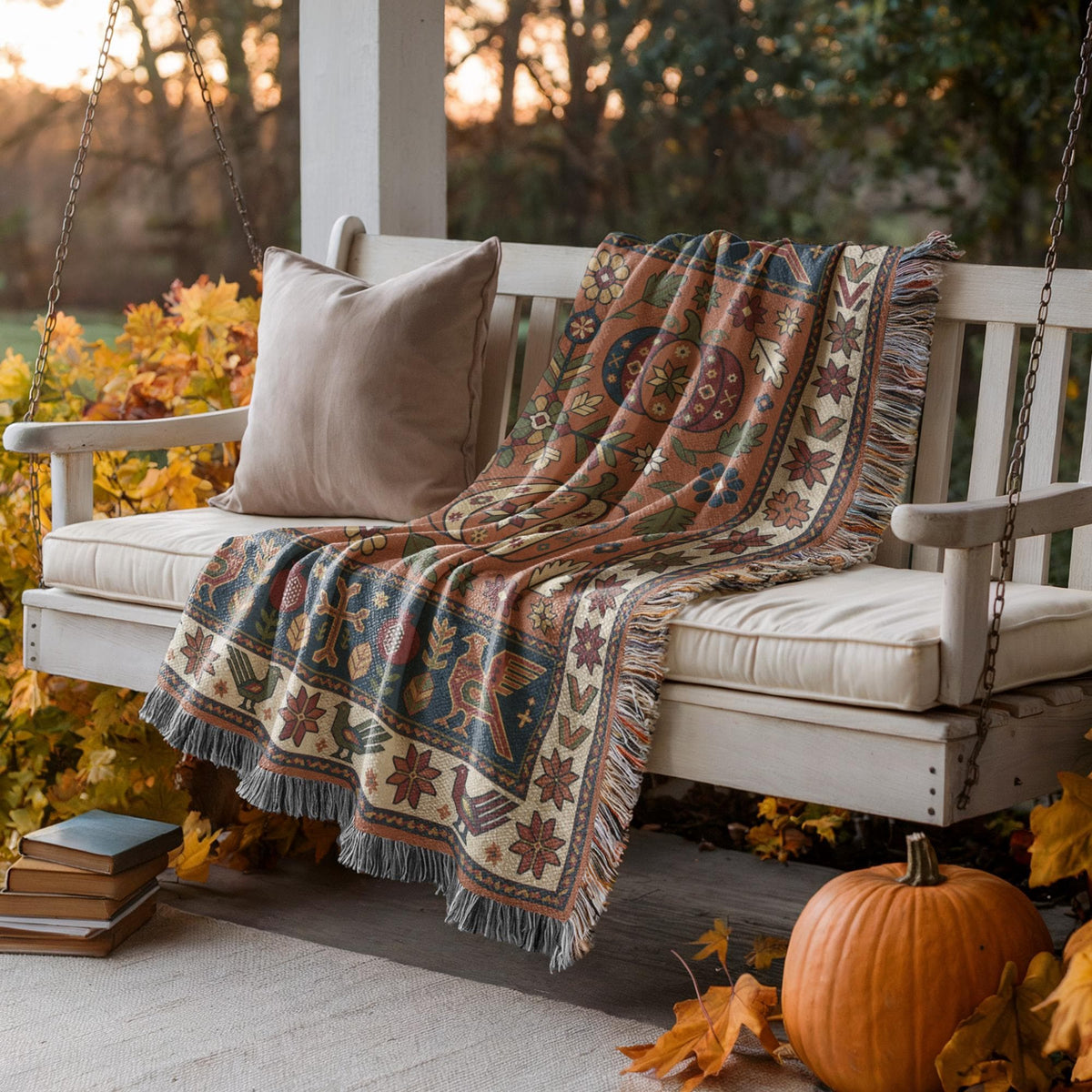 Rust and navy Armenian pomegranate woven blanket draped over a porch swing