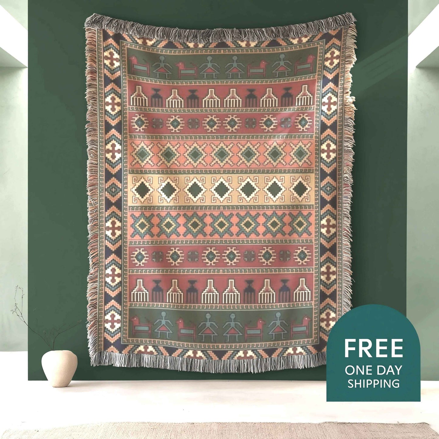 Southwestern woven wall tapestry with geometric pattern styled as textile wall decor