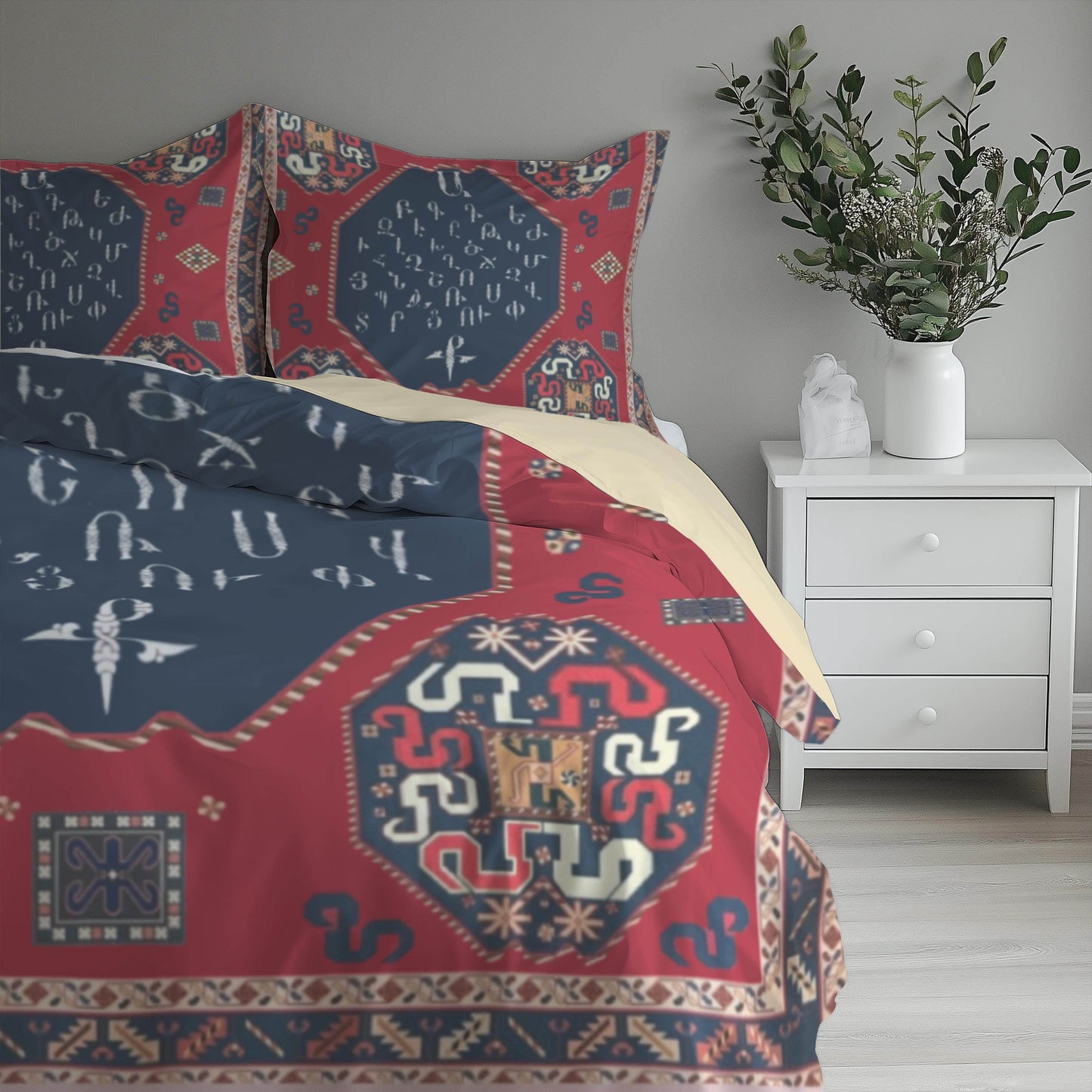 Armenian Alphabet Duvet - Personalized Traditional Bedding Set With Haykakan Ethnic Pattern - timelessbohochic.com
