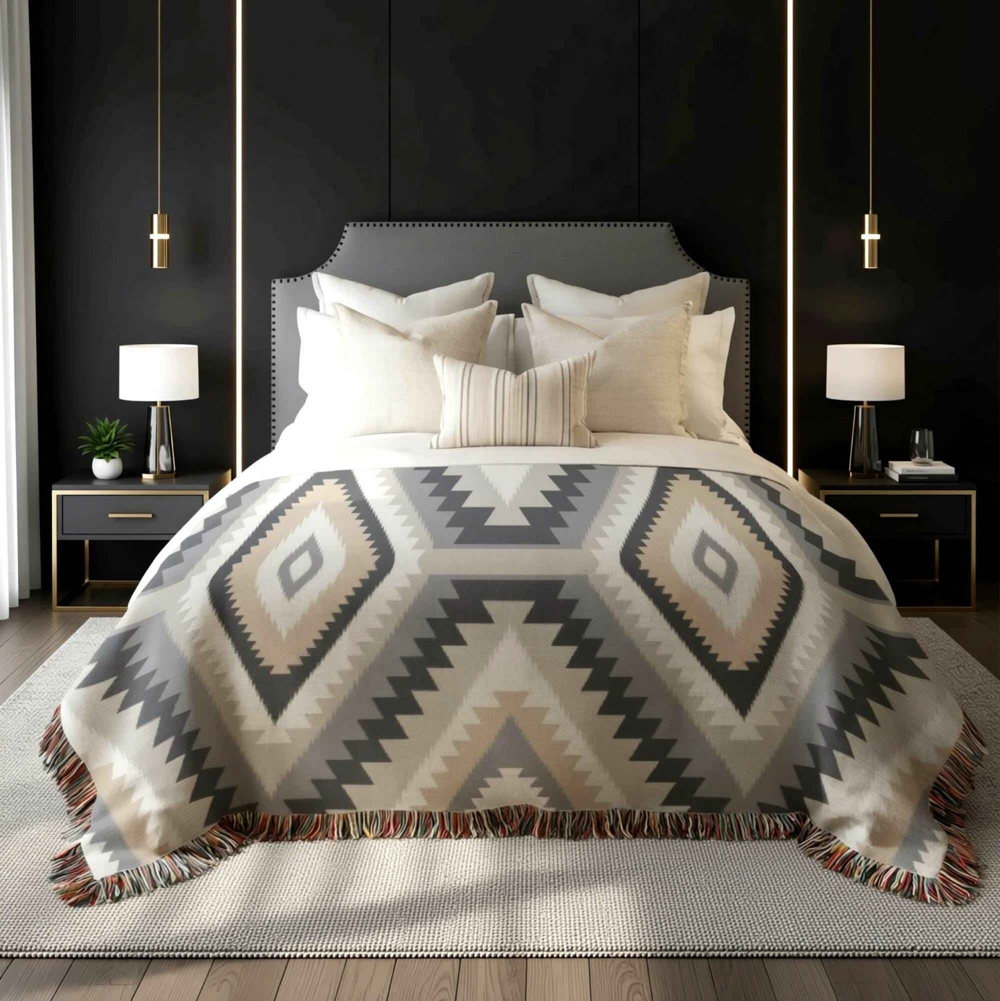 Southwestern woven blanket with geometric pattern styled for layered home decor